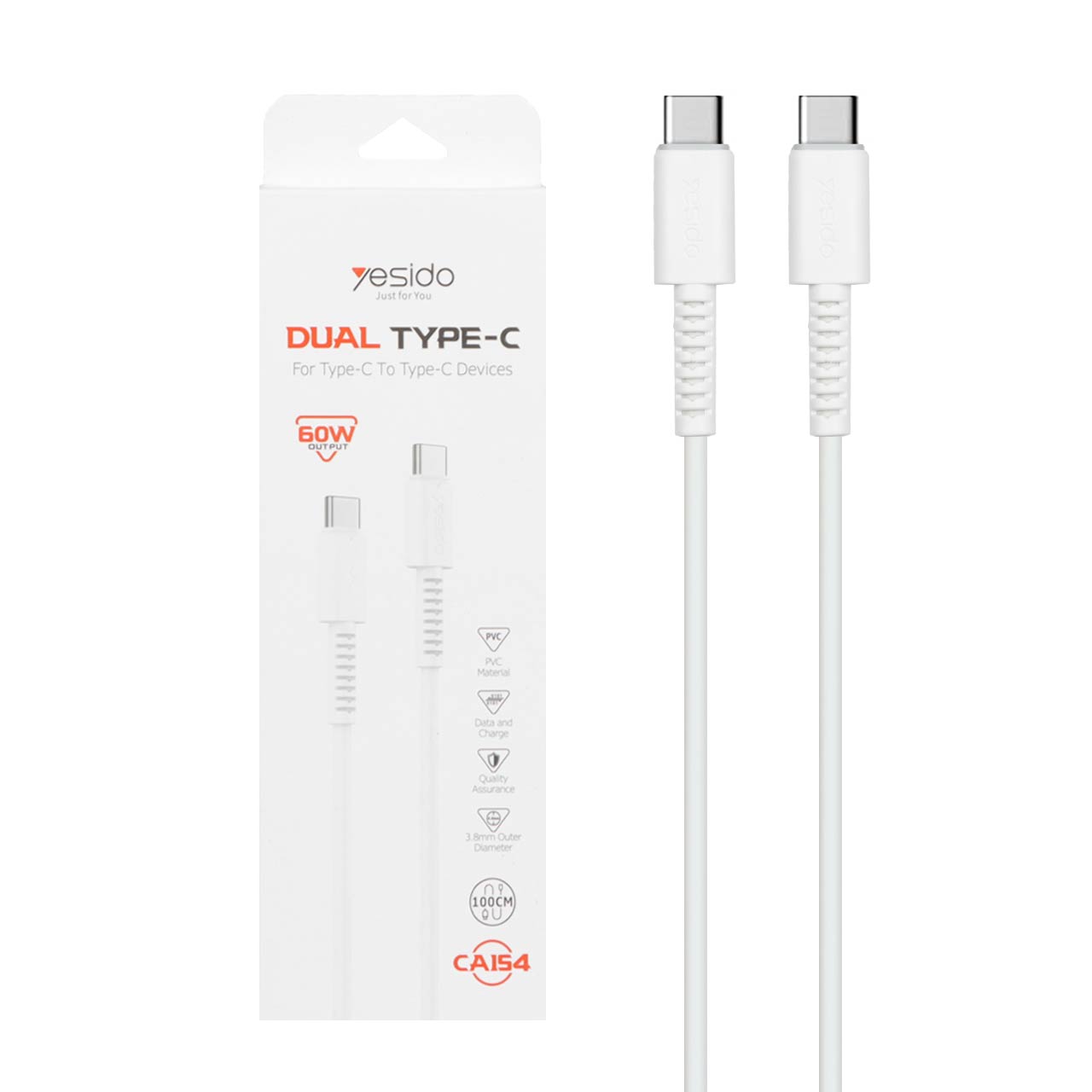 کابل شارژ فست Yesido مدل CA154 Type-C به Type-C با توان 60 وات، رنگ سفید
