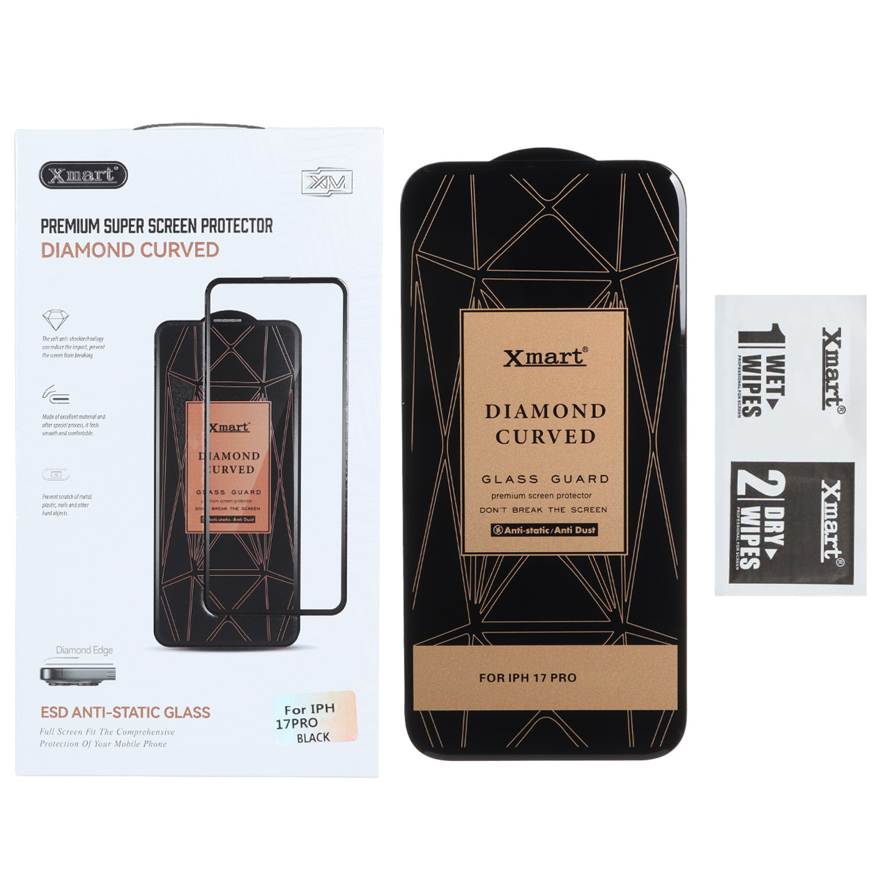 محافظ صفحه نمایش شیشه ای XMART Diamond Curved ESD Anti Static مناسب برای آیفون 17 پرو و آیفون 18 پرو