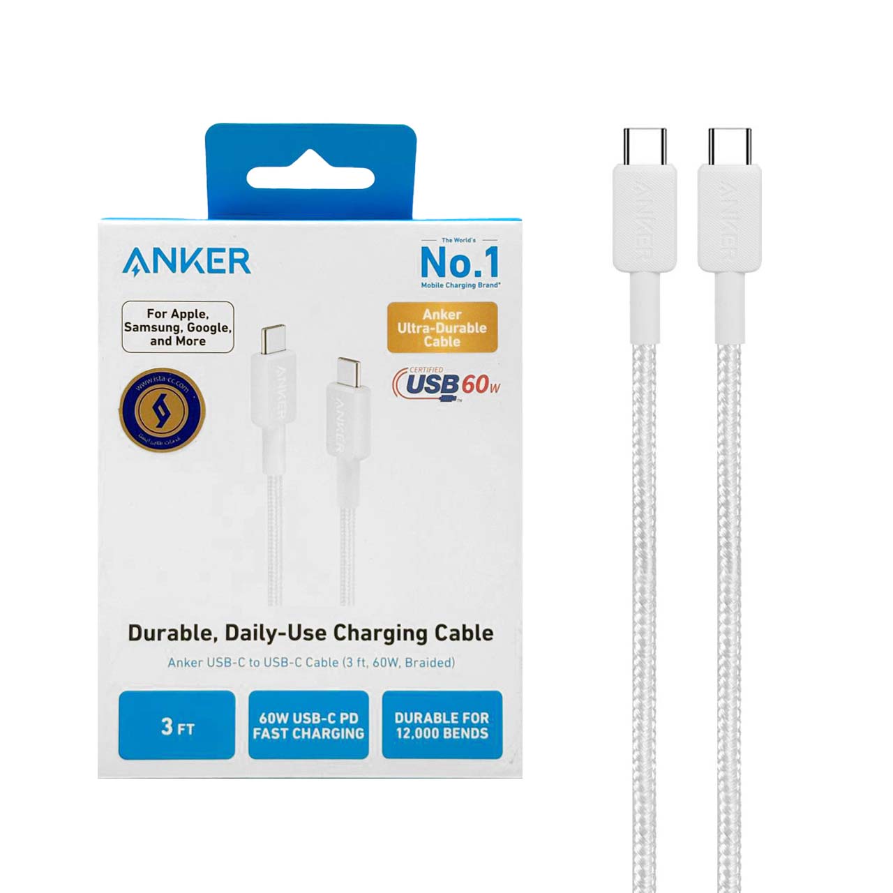 کابل شارژ فست 0.9 متری ANKER Type-C to Type-C مدل A81F5H21 - سفید