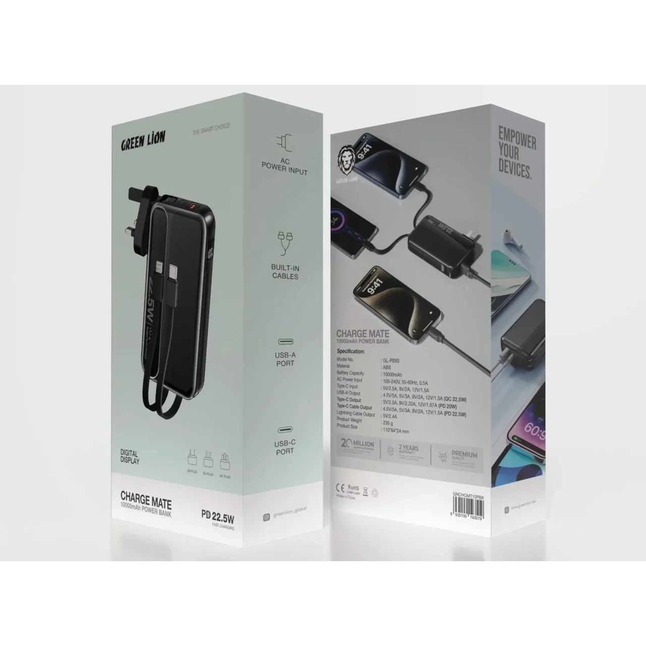 پاوربانک فست شارژ گرین لاین 10000 میلی آمپر مدل GNCHGMT10PBK با توان 22.5 وات - مشکی