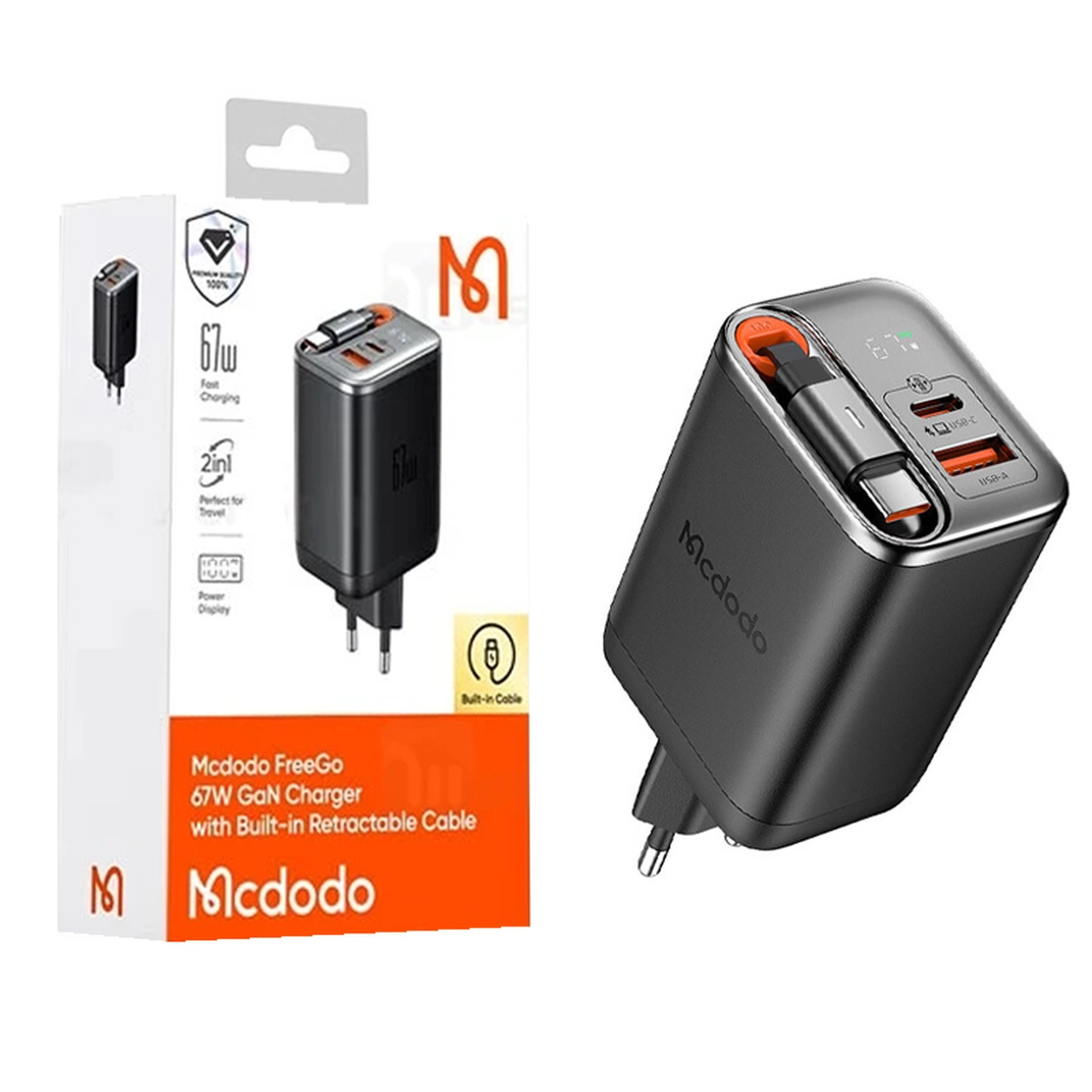 شارژر دیواری فست Mcdodo CH-410 67W با سه خروجی و کابل تایپ سی جمع شونده