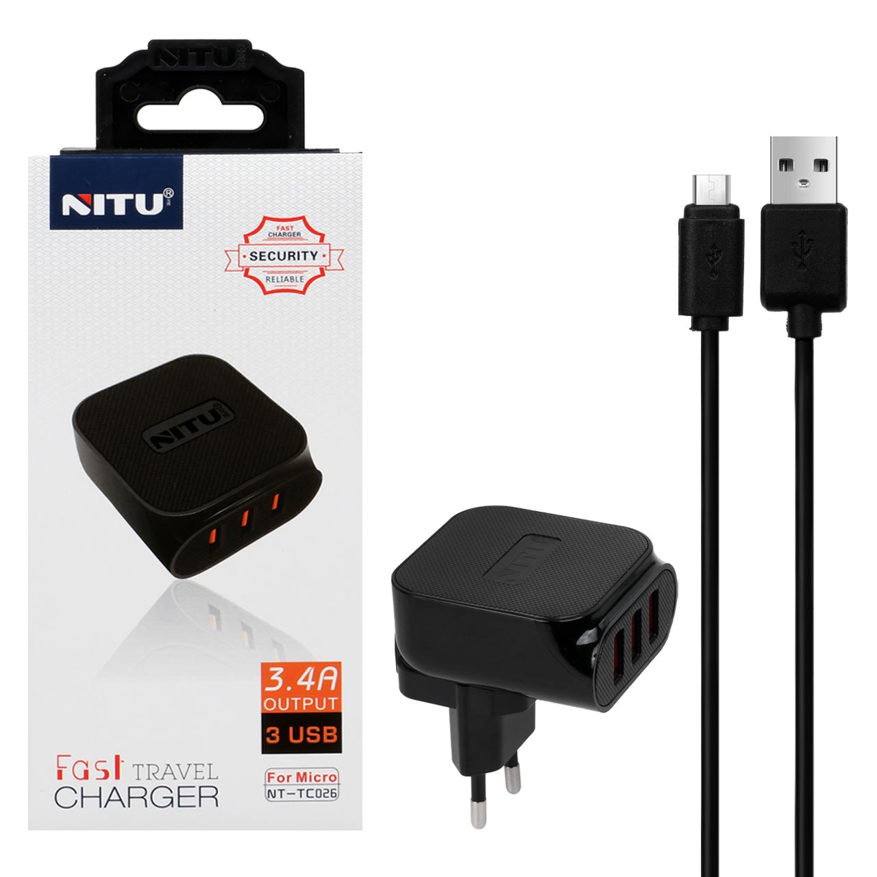 شارژر دیواری فست سه پورت NITU مدل TC026 به همراه کابل شارژ میکرو USB - مشکی