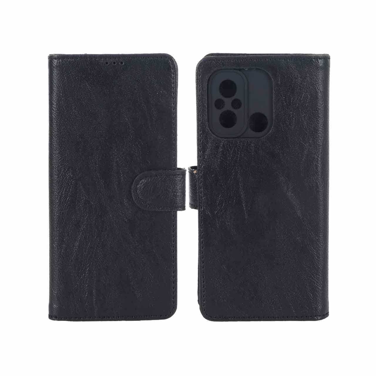 کیف موبایل چرمی مگنتی محافظ لنزدار Xiaomi Redmi 12C / Redmi 11A / Poco C55 - مشکی