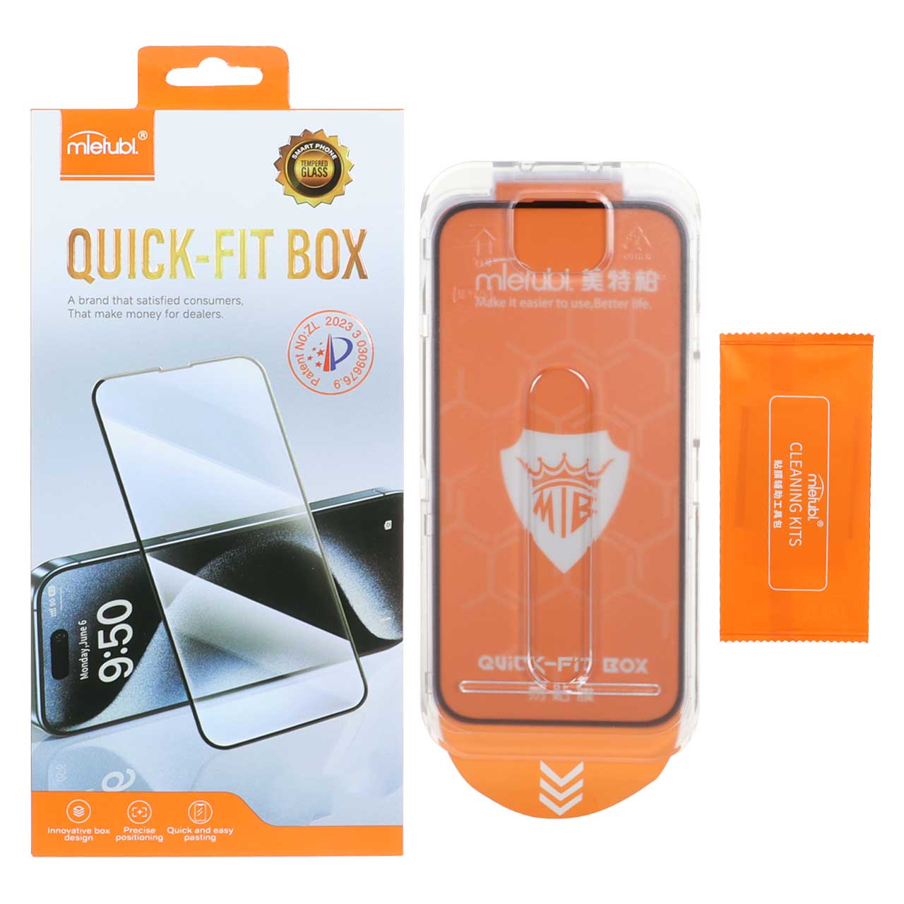 محافظ صفحه نمایش شیشه ای اورجینال Mietubl - Quick Fit Box مدل Apple iPhone 16 / iPhone 15 / iPhone 14 Pro (پک دار)