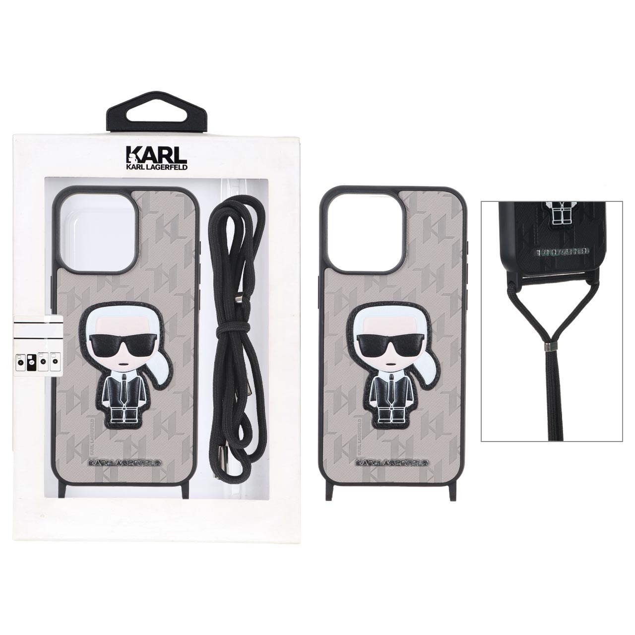 قاب طرح Karl Lagerfeld چرمی با بند آویز گردنی مناسب برای آیفون 15 پرو مکس