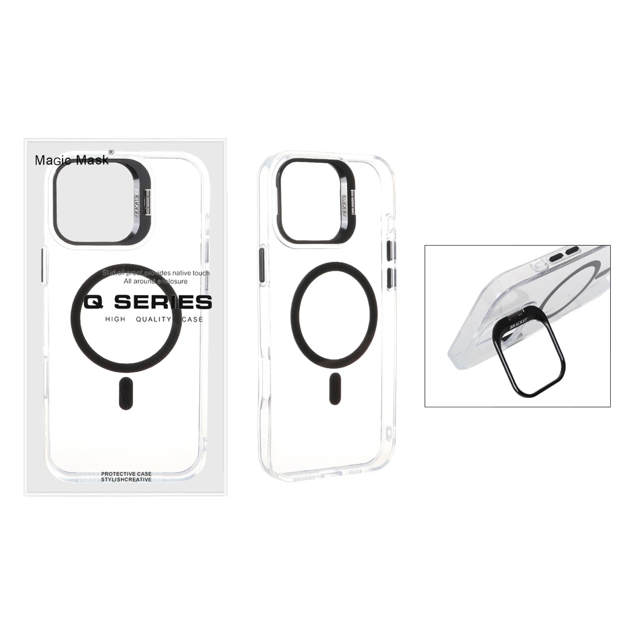 قاب اورجینال Q Series Bracket کریستالی مگ سیف استند لنزدار مناسب برای آیفون 16 پرو مکس