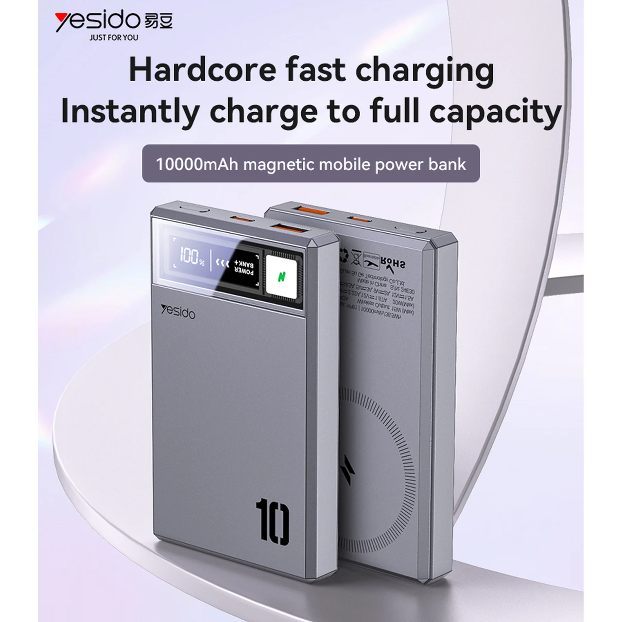 پاوربانک وایرلس و فست شارژ Yesido YP61 با ظرفیت 10000mAh، توان 20W و مگ سیف - خاکستری