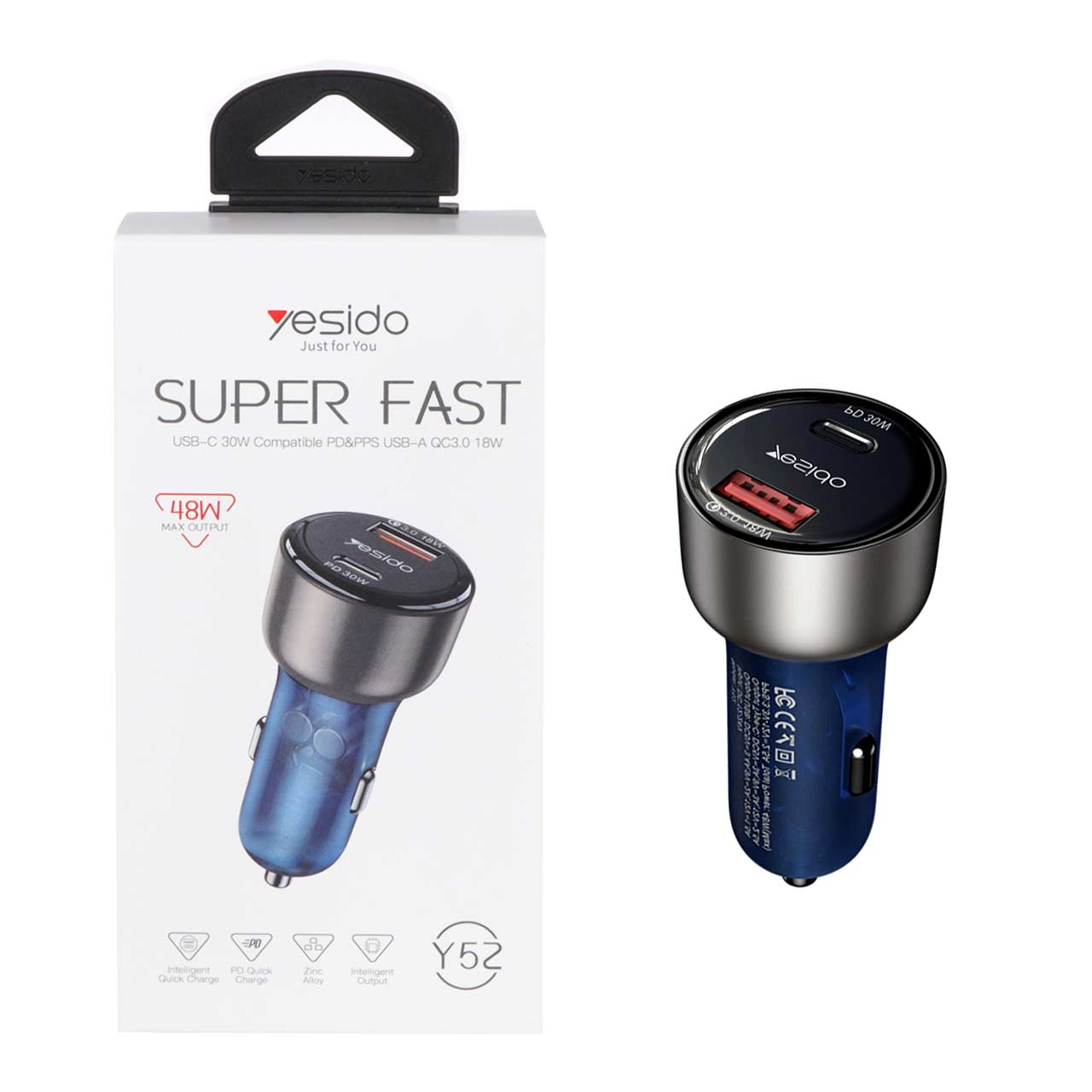 شارژر فندکی فست شارژ Yesido Y52 48W دو پورت Type-C و USB سرمه‌ای