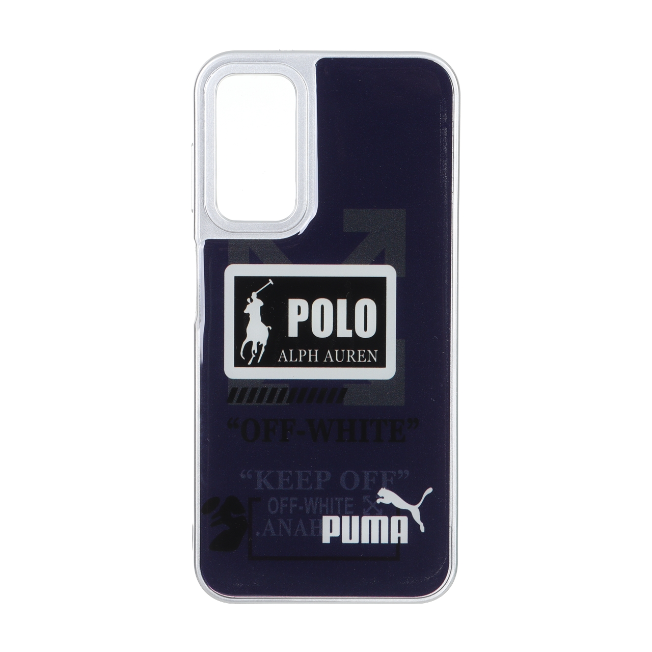 قاب طرح لوگوهای فشن (Polo, Off-White, Puma) رزینی با لبه سیلور مناسب برای سامسونگ گلکسی A14