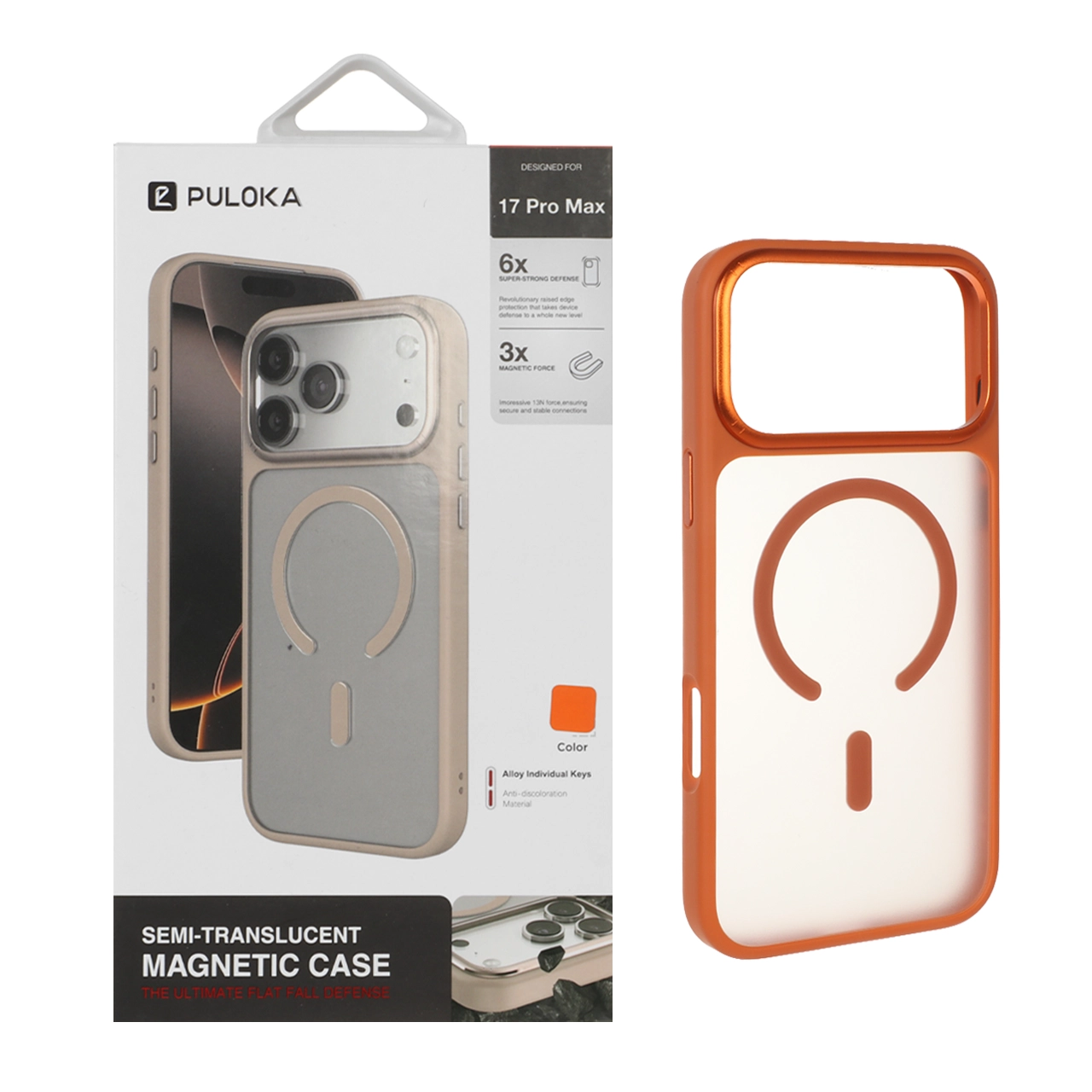 قاب مگ‌سیف Puloka مات Tactile آیفون 17 پرو مکس با فریم فلزی لنز - نارنجی