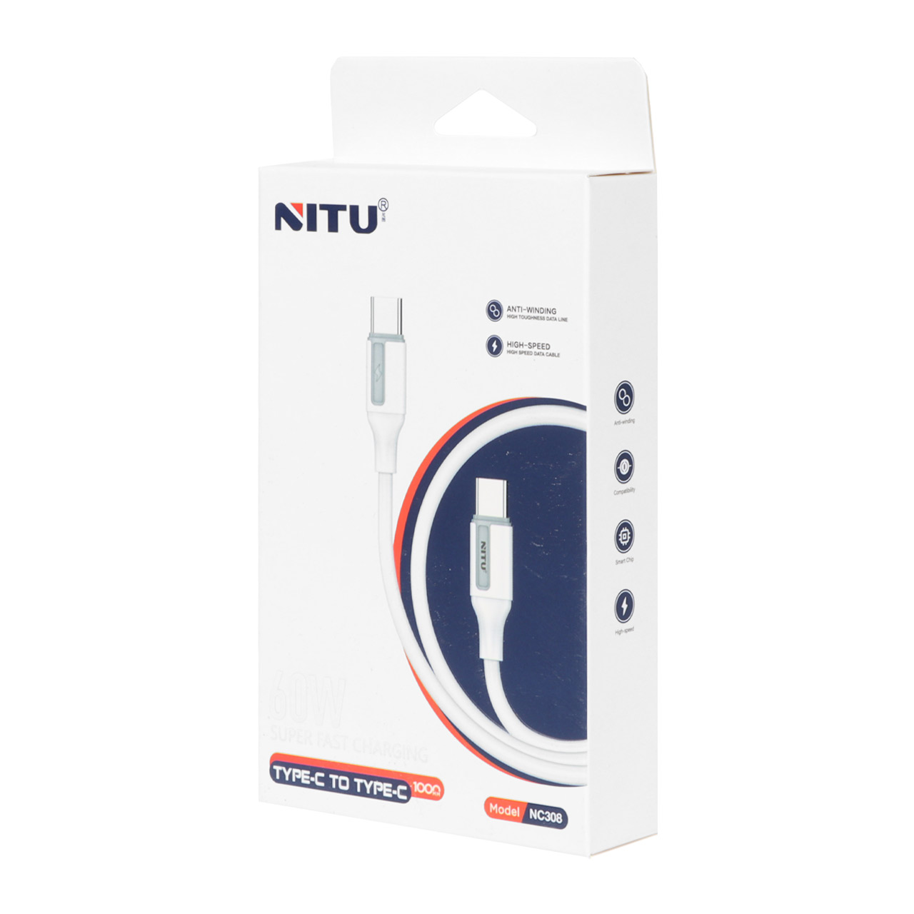 کابل شارژ فست NITU Type-C به Type-C مدل NC308 سفید 60 وات با گارانتی 18 ماهه
