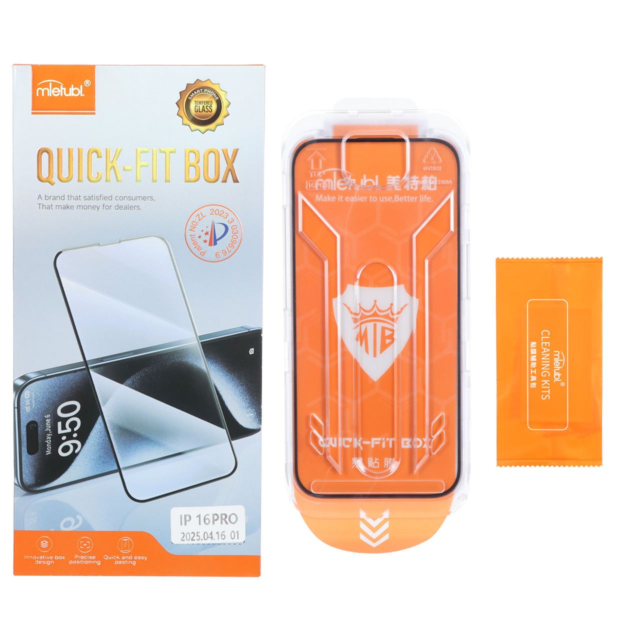 محافظ صفحه نمایش شیشه ای اورجینال Mietubl Quick Fit Box استندشو مناسب برای آیفون 17 و آیفون 16 پرو