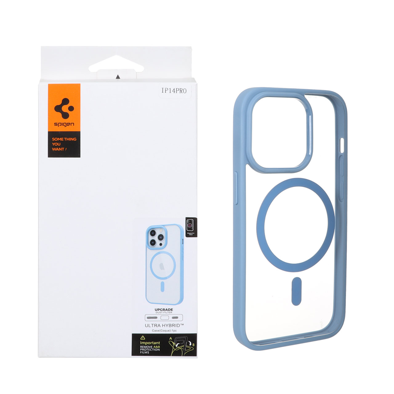 قاب شفاف مگ سیف Spigen Ultra Hybrid با لبه آبی و توری اسپیکر مناسب برای آیفون 14 پرو