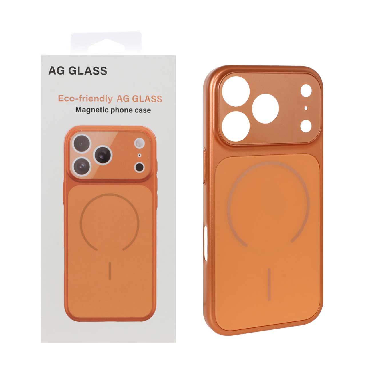 قاب AG Glass مگ سیف دار آیفون 17 پرو با محافظ لنز شیشه ای برجسته - نارنجی