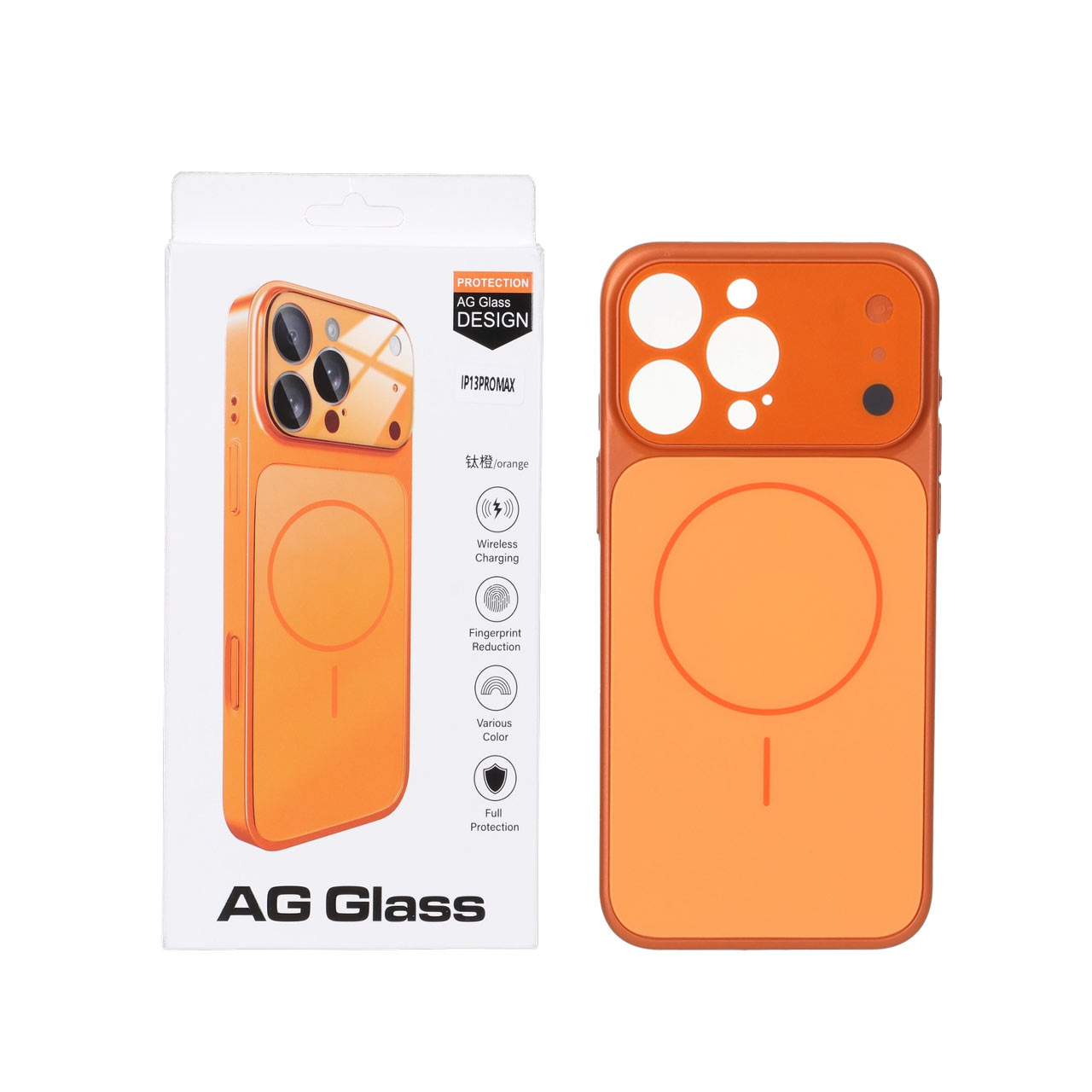 قاب AG Glass مگ سیف محافظ لنز برجسته شیشه‌ای نارنجی مناسب برای آیفون 13 پرو مکس