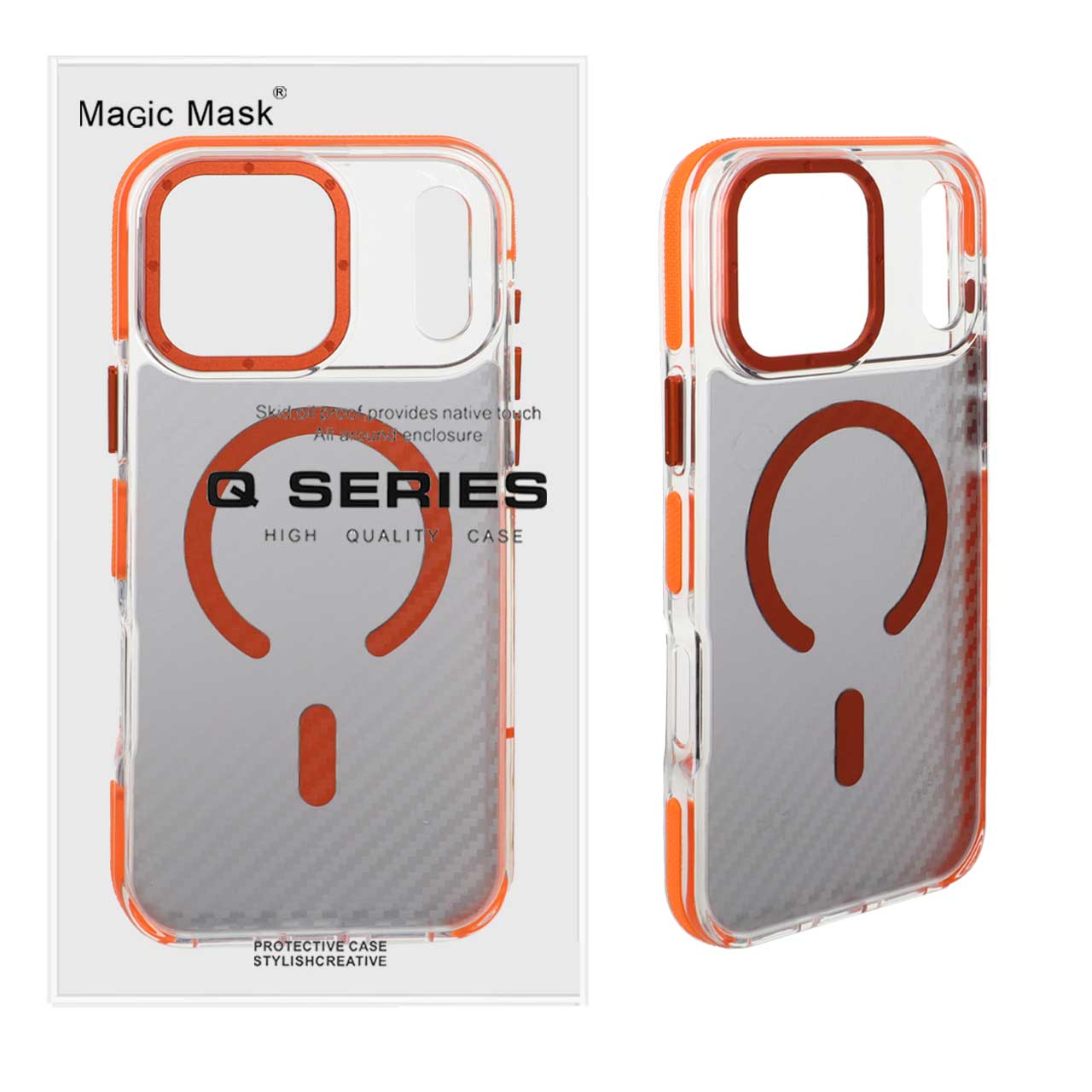 قاب مگ سیف Magic Mask Q Series پشت کربن برای آیفون 17 پرو مکس نارنجی