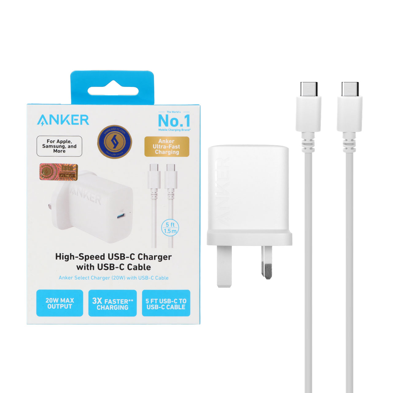 شارژر دیواری 20 وات سه پین PD و فست تک پورت ANKER مدل B2347K21 به همراه کابل شارژ Type-C To Type-C - سفید