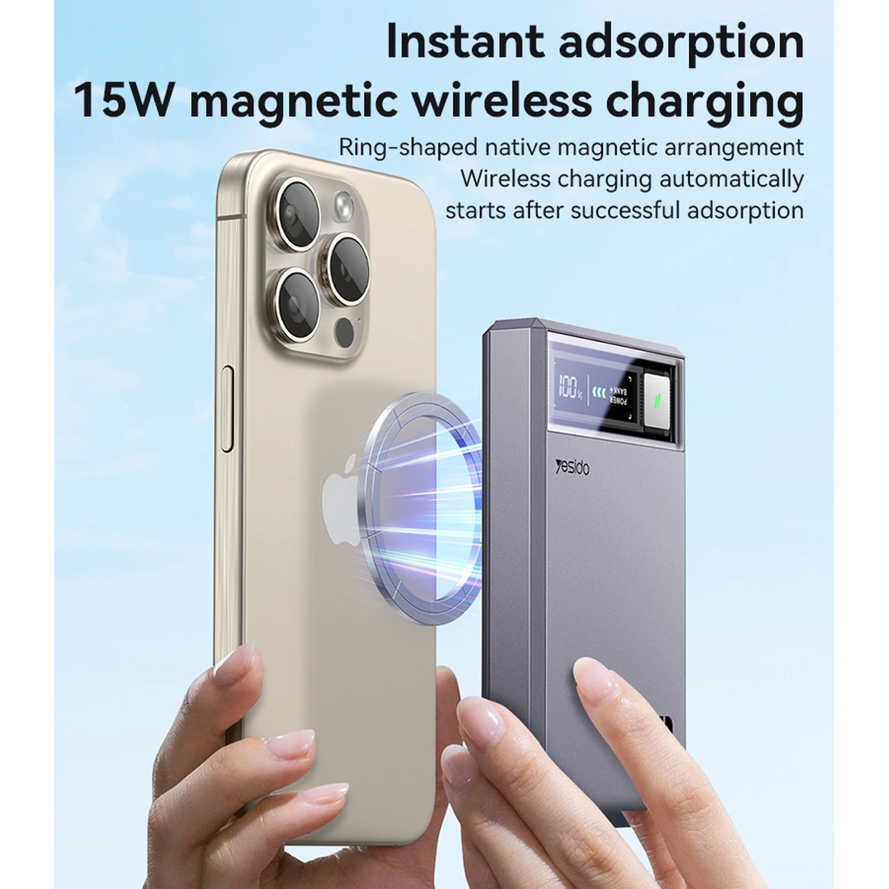 پاوربانک وایرلس و فست شارژ Yesido YP61 با ظرفیت 10000mAh، توان 20W و مگ سیف - خاکستری