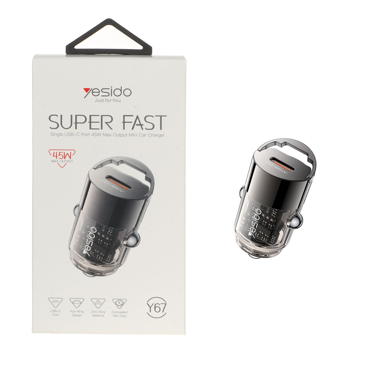 شارژر فندکی Yesido Y67 PD فست شارژ 45 وات تک پورت Type-C - مشکی
