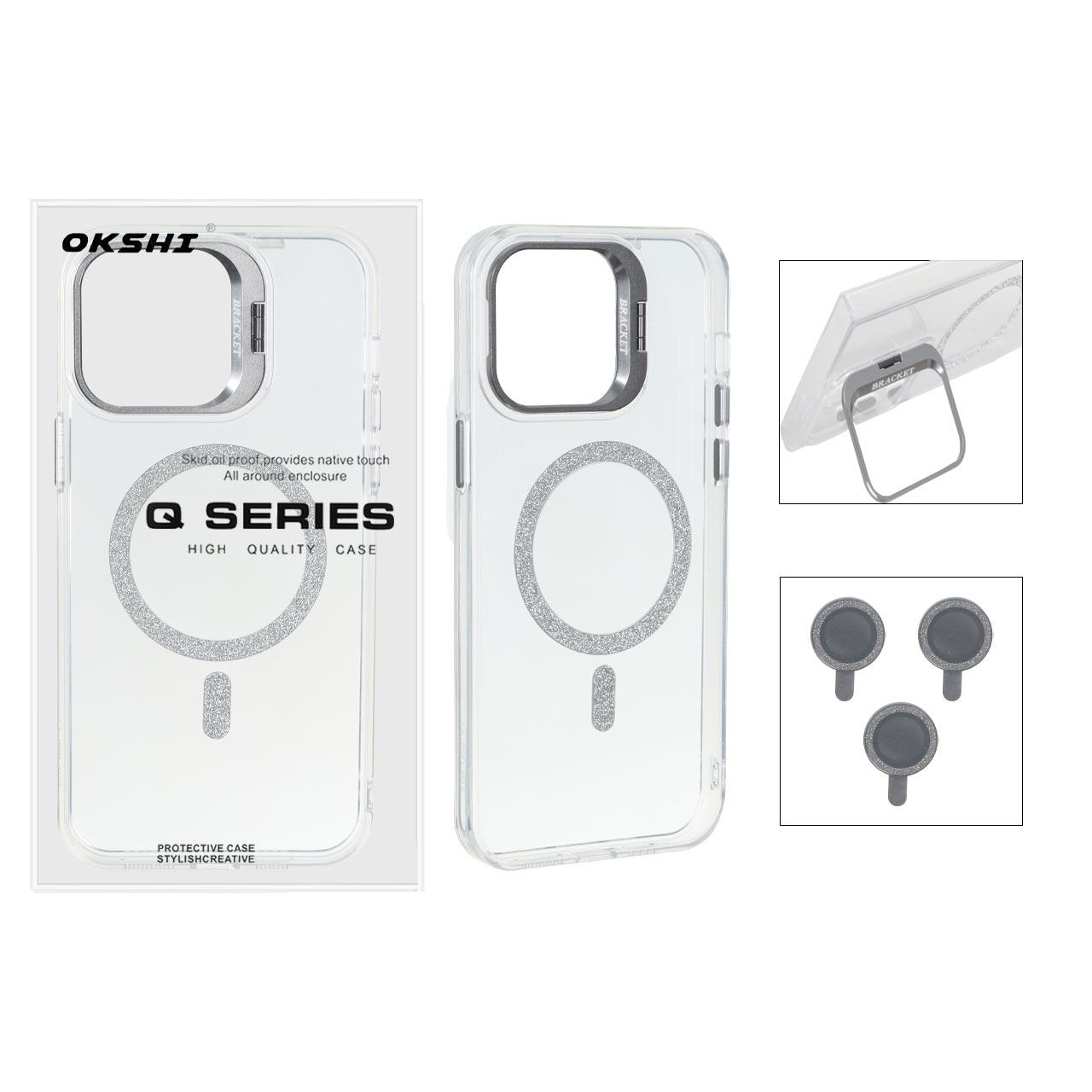 قاب Bracket شفاف Magsafe اکلیلی با ست محافظ لنز رینگی Apple iPhone 14 Pro Max - نقره ای (پک دار)