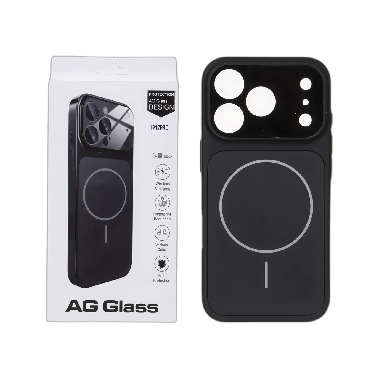 قاب AG Glass مگ سیف آیفون 17 پرو مشکی با محافظ لنز برجسته