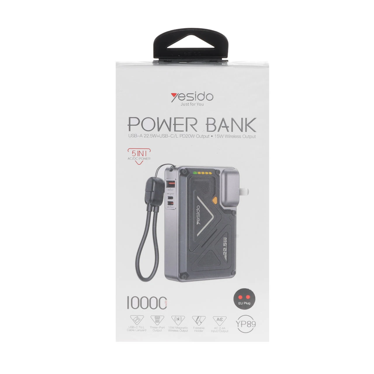 پاوربانک چندکاره Yesido YP89 با ظرفیت 10000mAh، فست شارژ 20W PD و شارژر دیواری - خاکستری