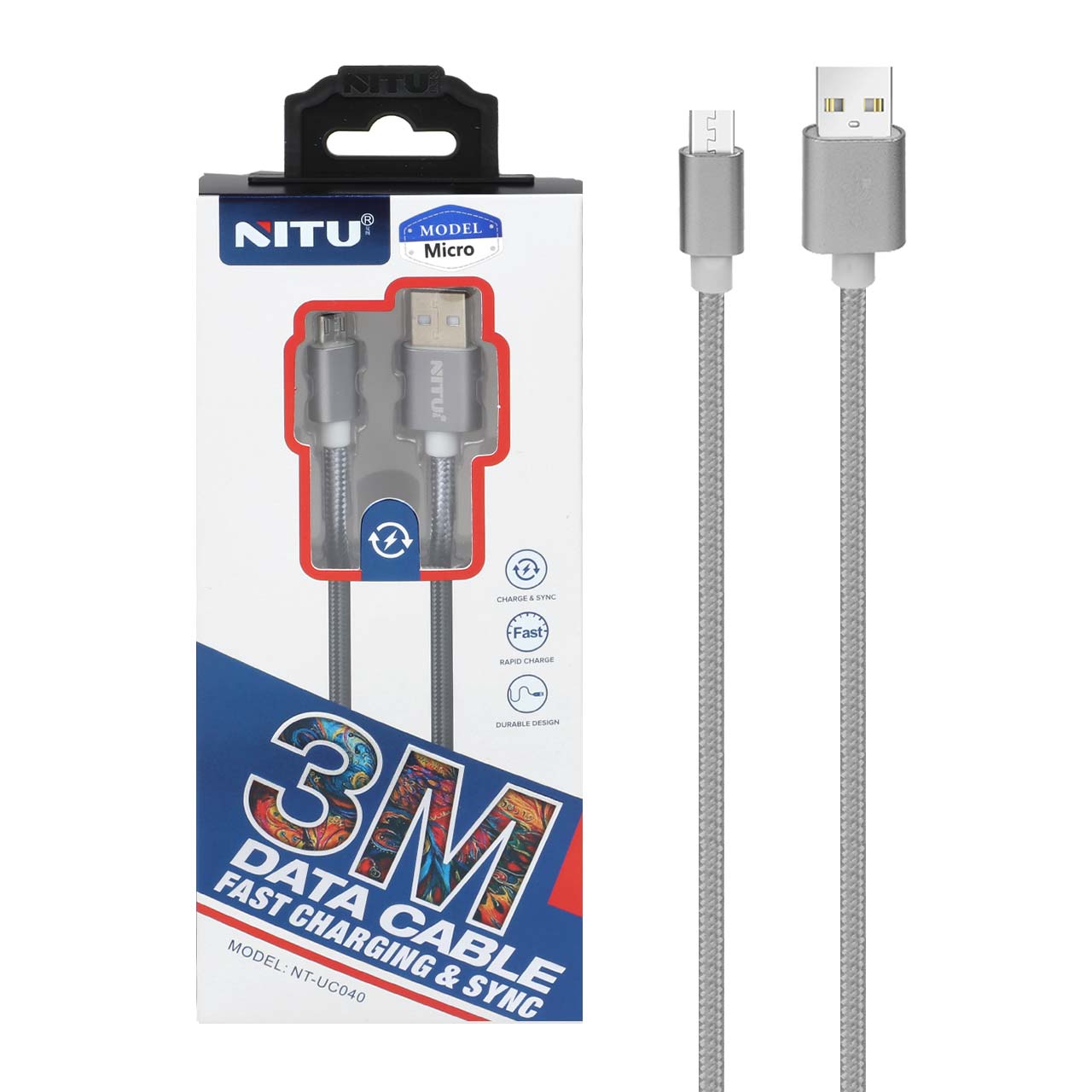 کابل شارژ فست اندروید Micro USB نیتو مدل UC040 به طول 3 متر رنگ نقره ای