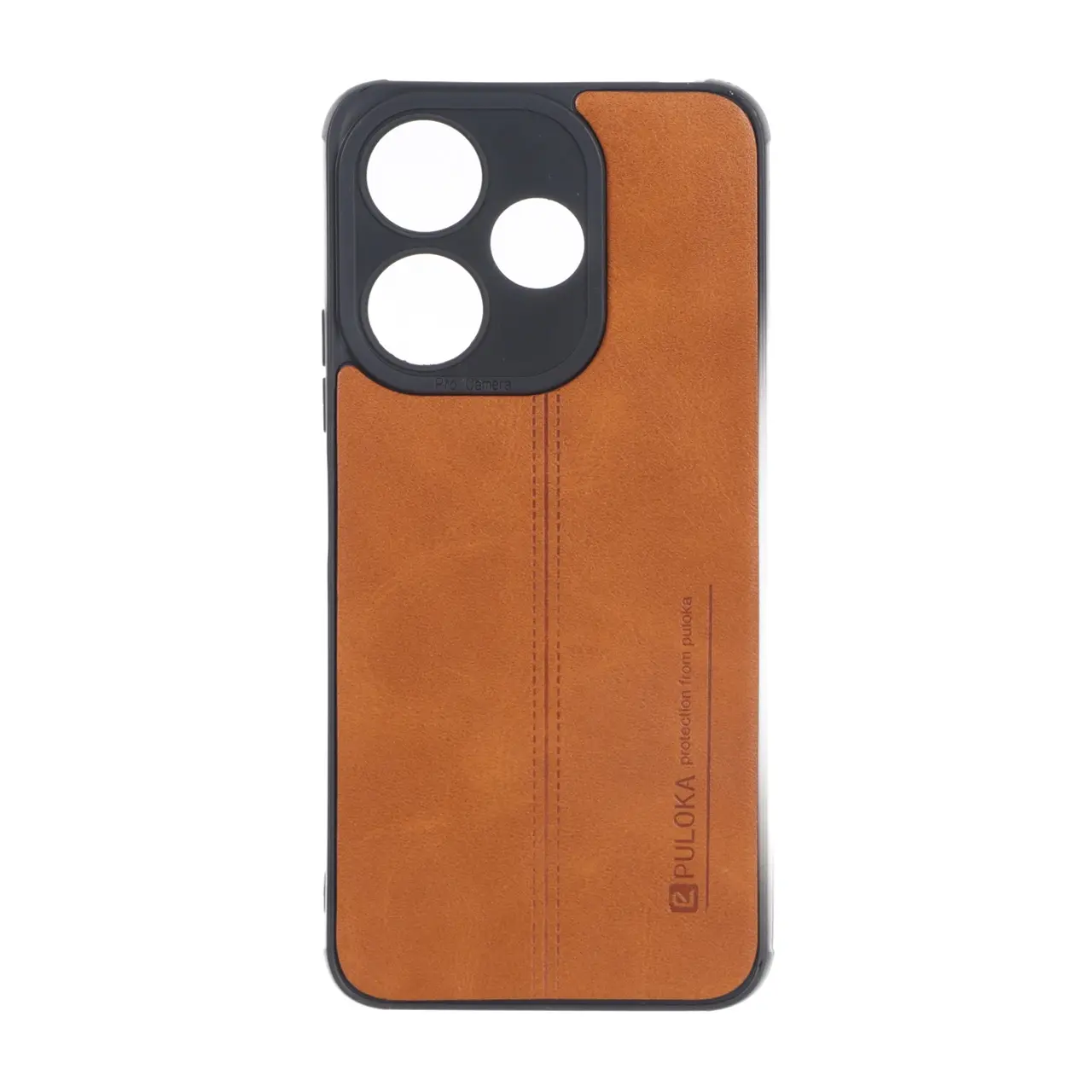 قاب Puloka طرح چرم دوخت دار محافظ لنزدار مناسب برای Xiaomi Redmi 13X / Redmi 13 4G / Poco M6 4G - قهوه ای