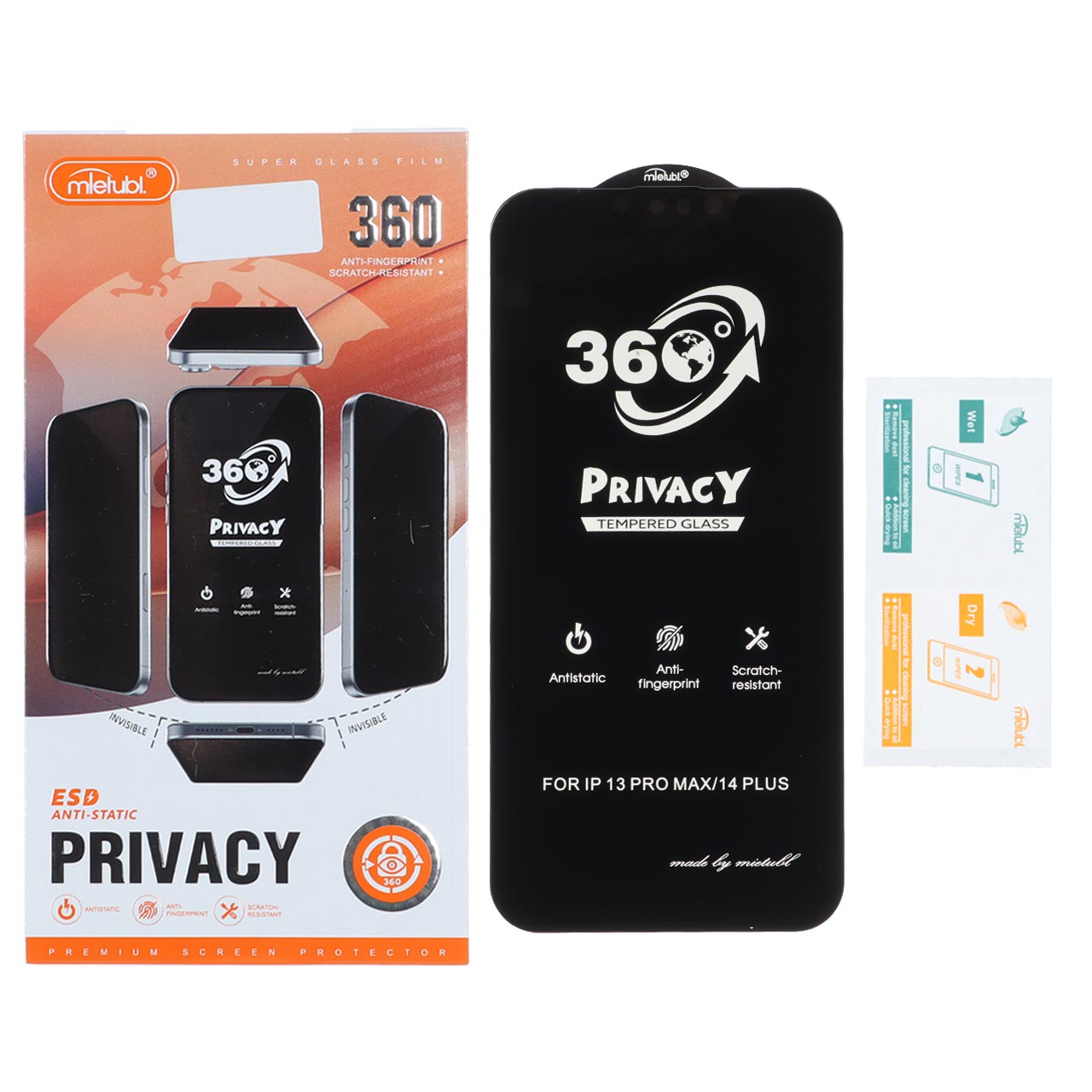 محافظ صفحه نمایش شیشه ای 360 درجه حریم خصوصی میتوبل مدل Full Cover مناسب برای آیفون 13 پرو مکس و آیفون 14 پلاس