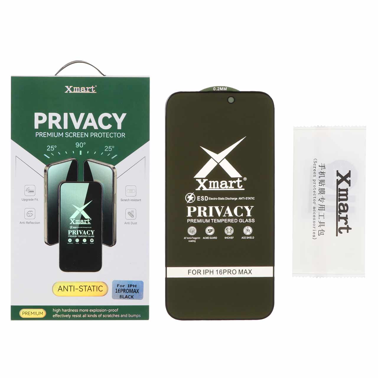محافظ صفحه نمایش شیشه ای تمام صفحه حریم خصوصی Xmart مناسب برای آیفون 16 پرو مکس (پک دار)