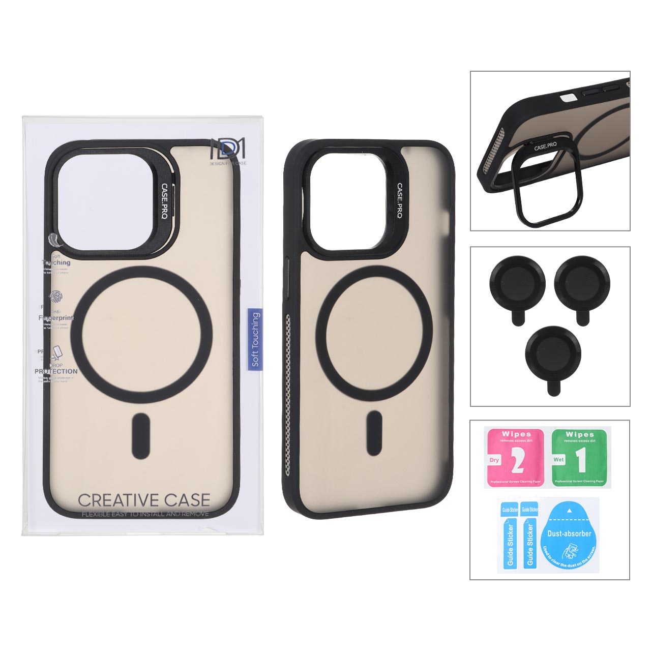 قاب مگ‌سیف Case Pro با محافظ لنز آلومینیومی مات و استند رینگی مشکی مناسب برای آیفون 13 پرو