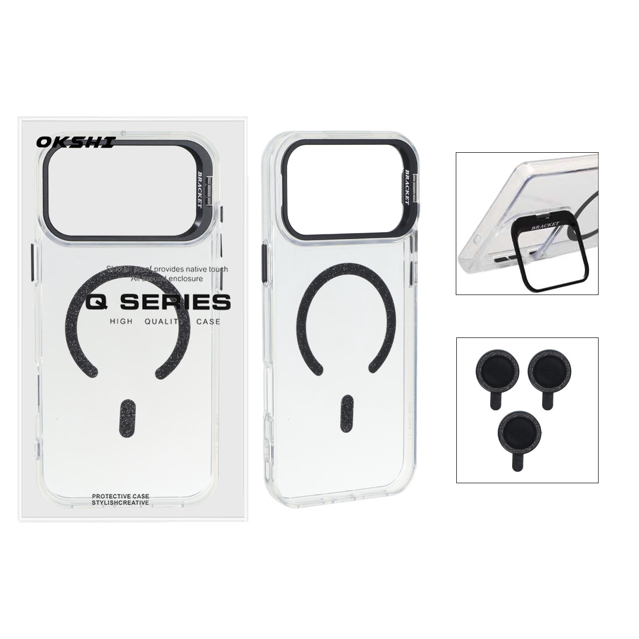 قاب Bracket شفاف Magsafe اکلیلی با ست محافظ لنز رینگی Apple iPhone 17 Pro Max - مشکی (پک دار)