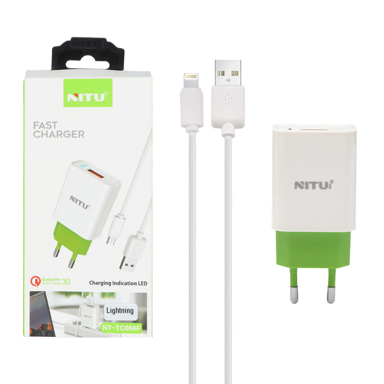 شارژر دیواری فست تک پورت NITU مدل NT-TC066F به همراه کابل لایتنینگ