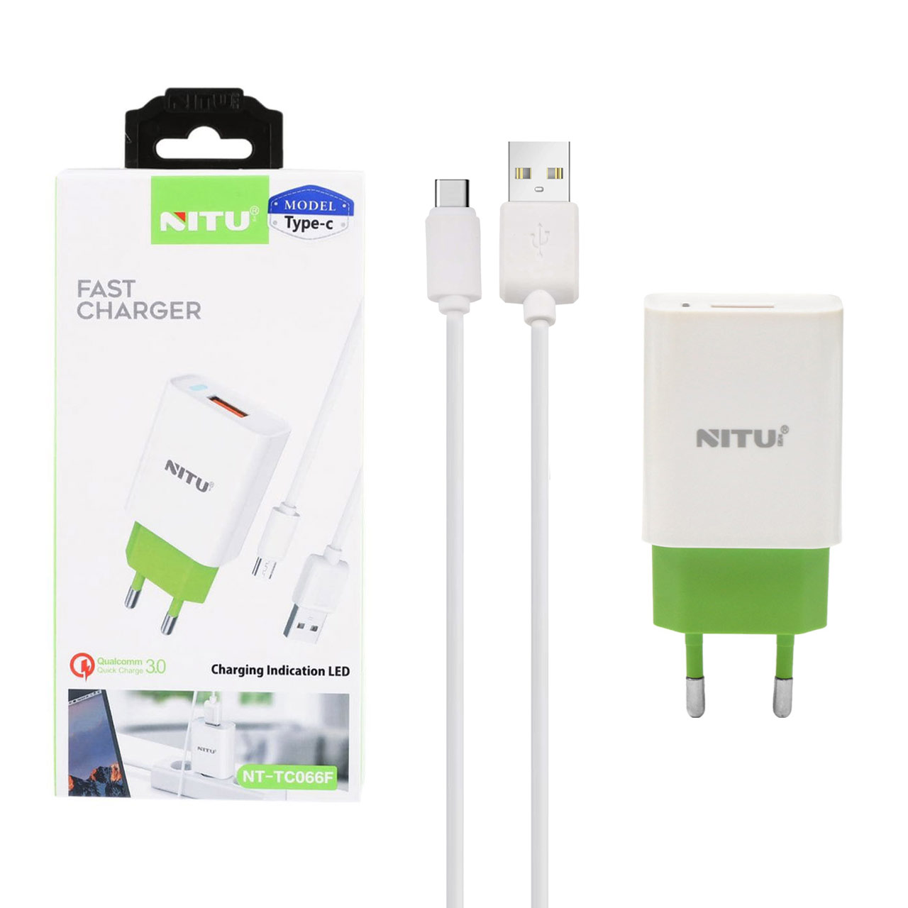 شارژر دیواری فست تک پورت NITU مدل NT-TC066F سفید سبز با کابل Type-C
