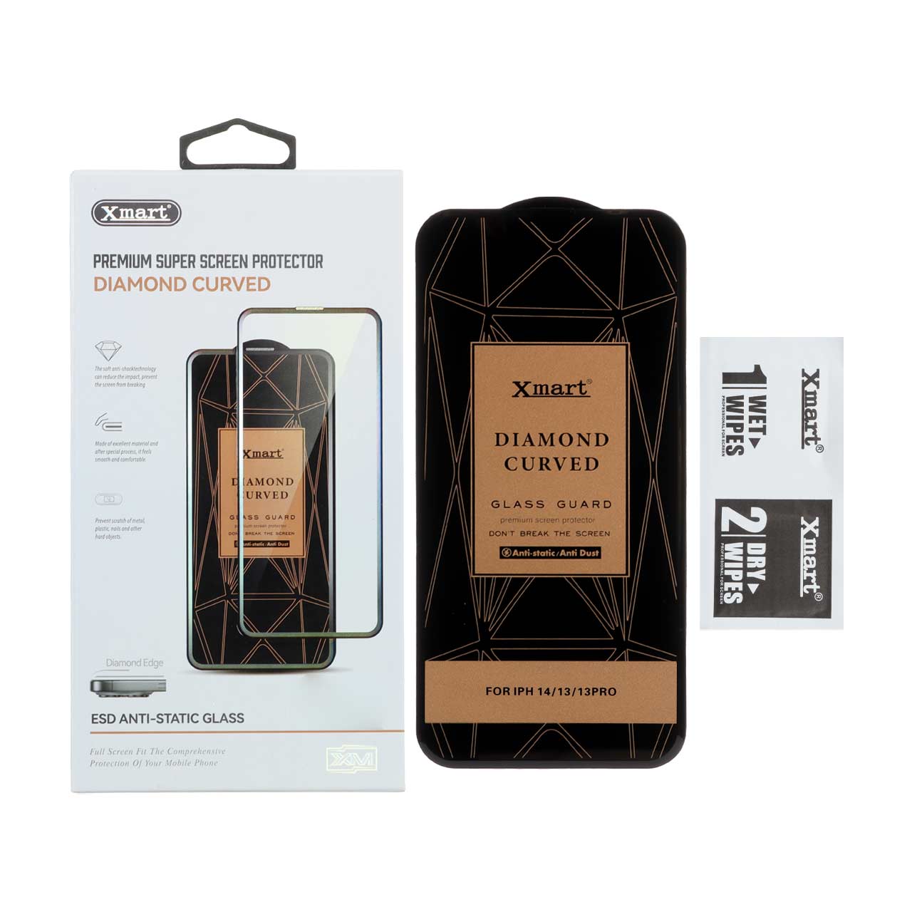 محافظ صفحه نمایش شیشه‌ای XMART Diamond Curved ESD Anti Static مناسب برای آیفون 13، آیفون 13 پرو و آیفون 14