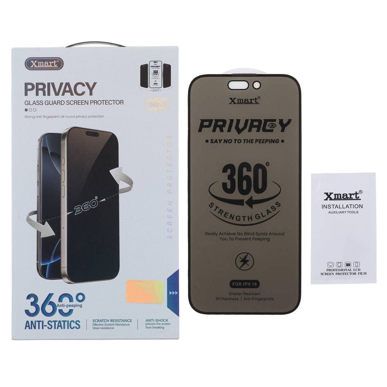 محافظ صفحه نمایش شیشه ای Full Cover Privacy XMART - Anti Static چهار جهته مدل Apple iPhone 16 / iPhone 15 / iPhone 14 Pro (پک دار)