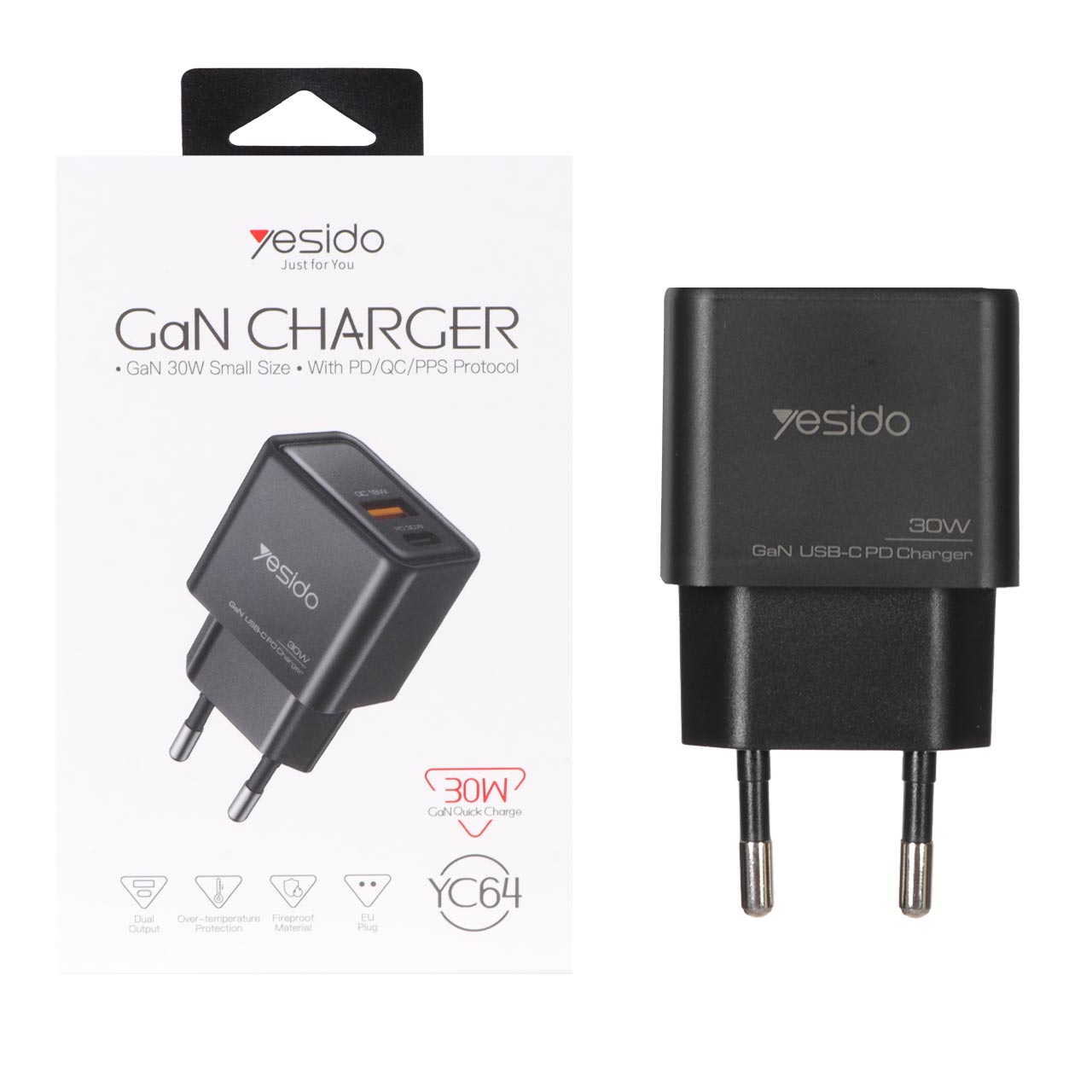 شارژر دیواری فست شارژ Yesido مدل YC64 30W مشکی با فناوری GaN و دو پورت