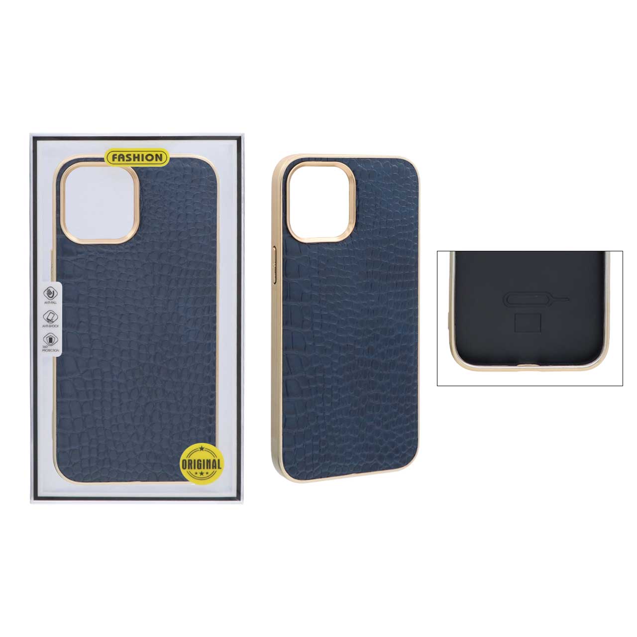 قاب طرح چرم کروکودیل دور طلایی Apple iPhone 12 Pro Max - سرمه ای (پک دار)