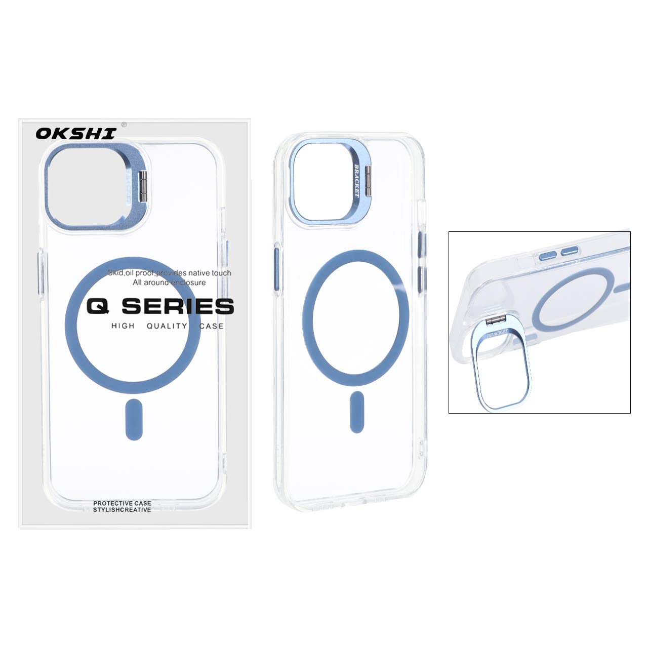 قاب اورجینال Q Series Bracket کریستالی Magsafe لنز استندشو Apple iPhone 13 / iPhone 14 - آبی (پک دار)