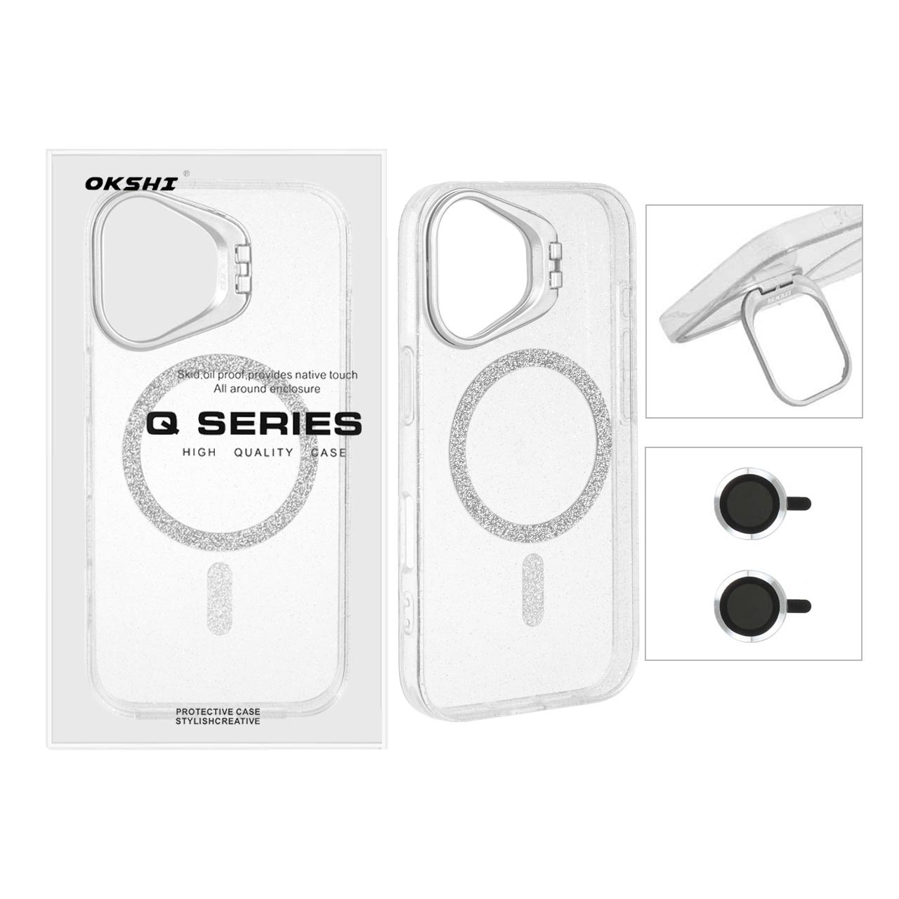 قاب BRACKET اکلیلی نقره‌ای MagSafe با ست محافظ لنز رینگی مناسب برای آیفون 16