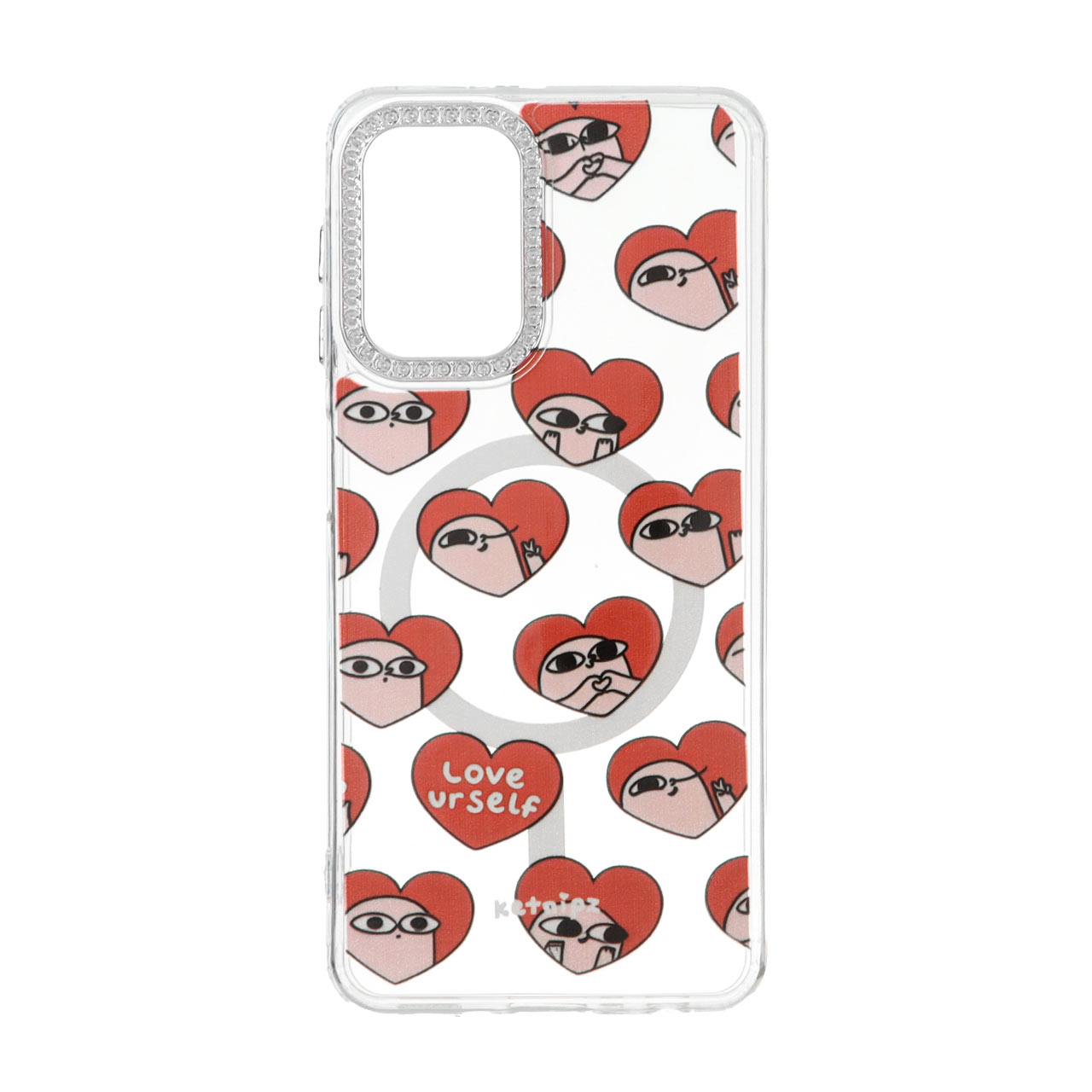 قاب ژله ای شفاف طرح Love Yourself و قلبی مگ سیف با نگین دور لنز مناسب برای سامسونگ گلکسی A22 4G و M22 و M32 4G و F22