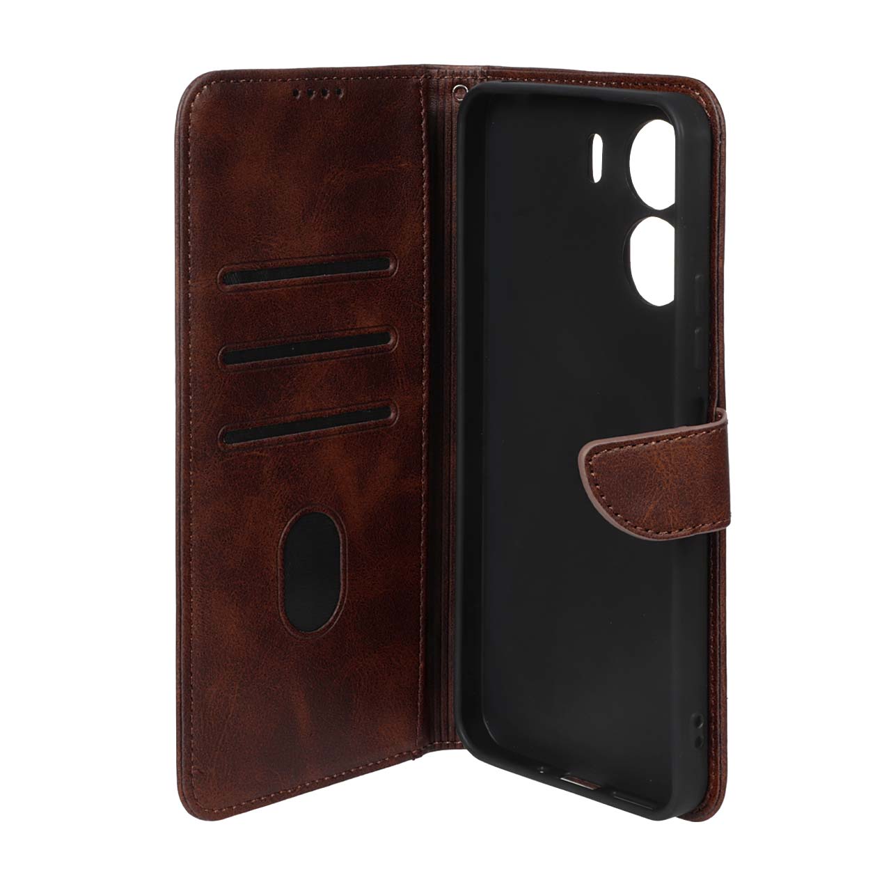 کیف چرمی موبایل مگنتی محافظ لنزدار Xiaomi Redmi 13C / Poco C65 - قهوه ای