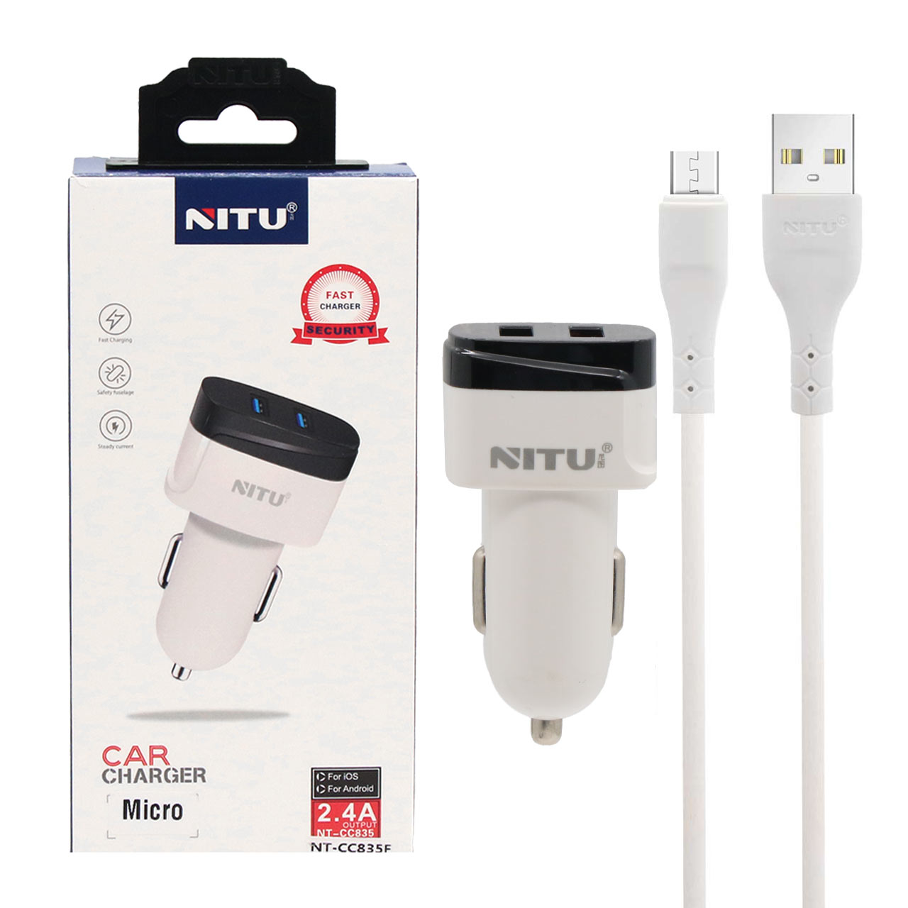 شارژر فندکی فست NITU NT-CC835F دو پورت 12W به همراه کابل Micro USB