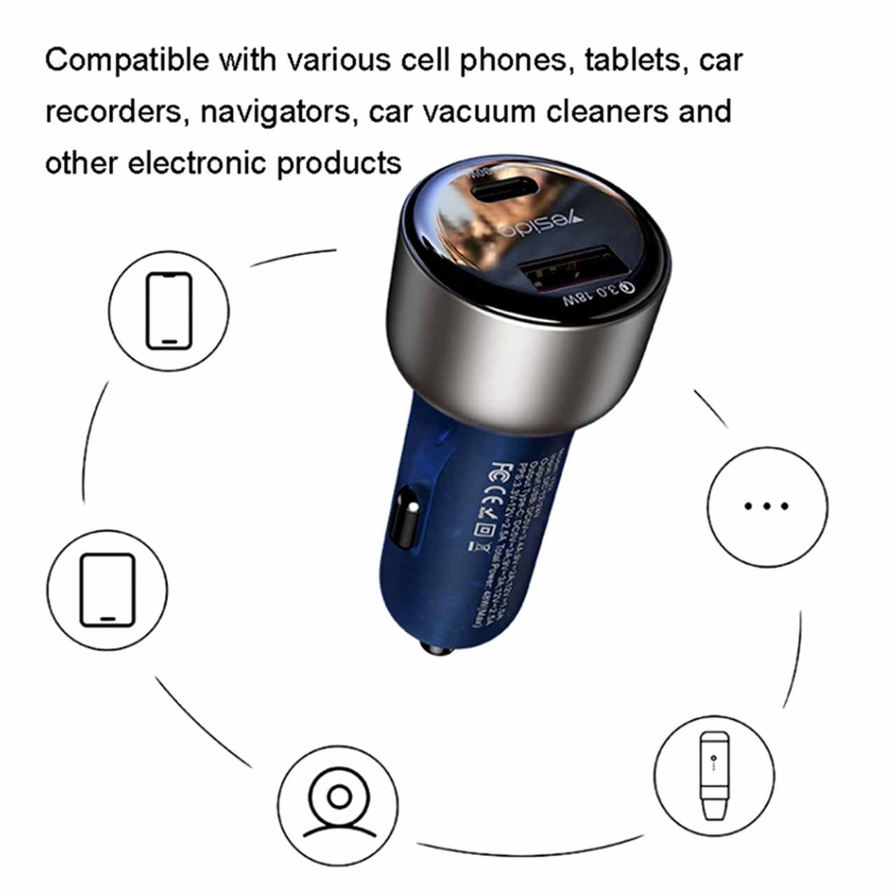 شارژر فندکی فست شارژ Yesido Y52 48W دو پورت Type-C و USB سرمه‌ای
