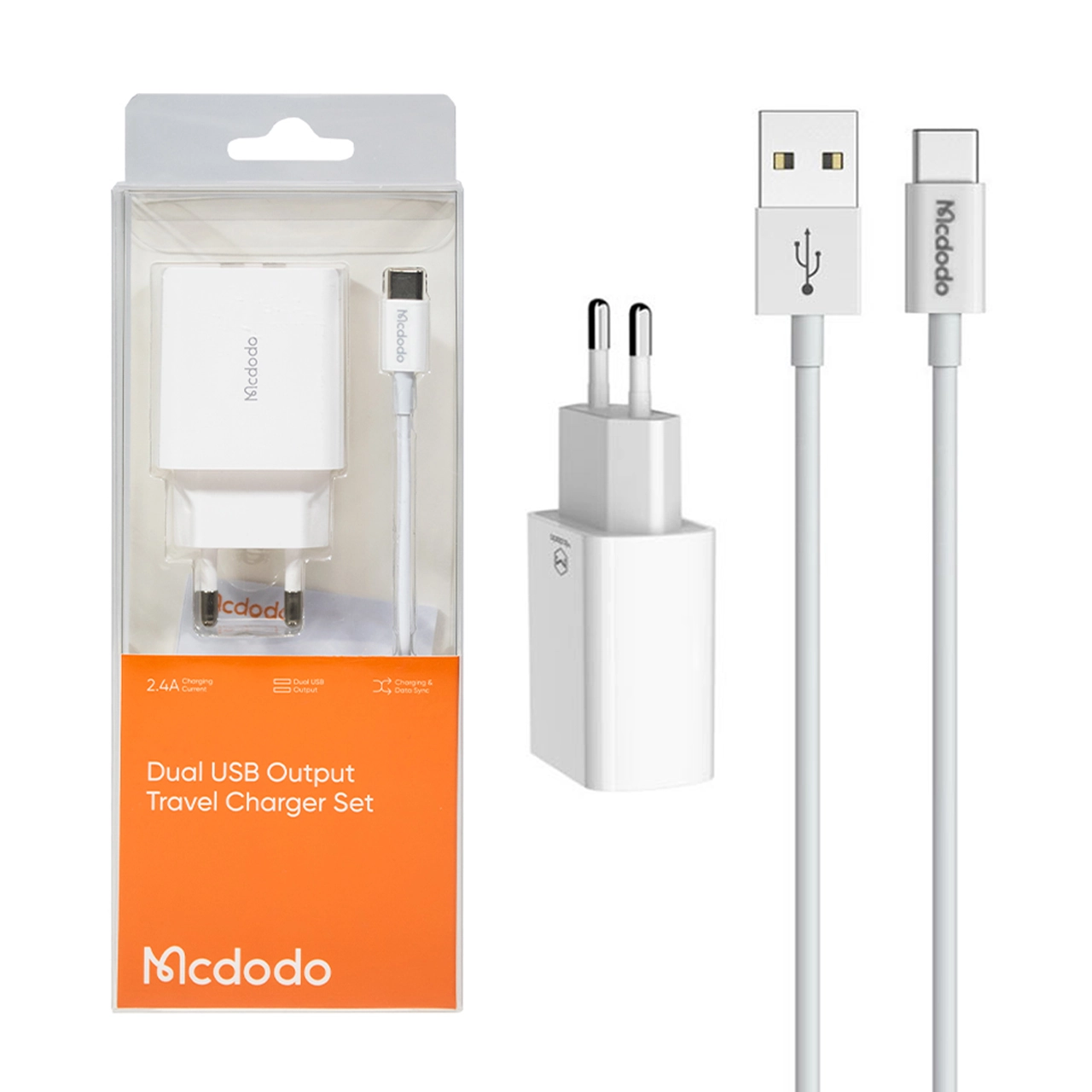 شارژر دیواری فست Mcdodo مدل CH-6721 دو پورت USB همراه با کابل Type-C سفید