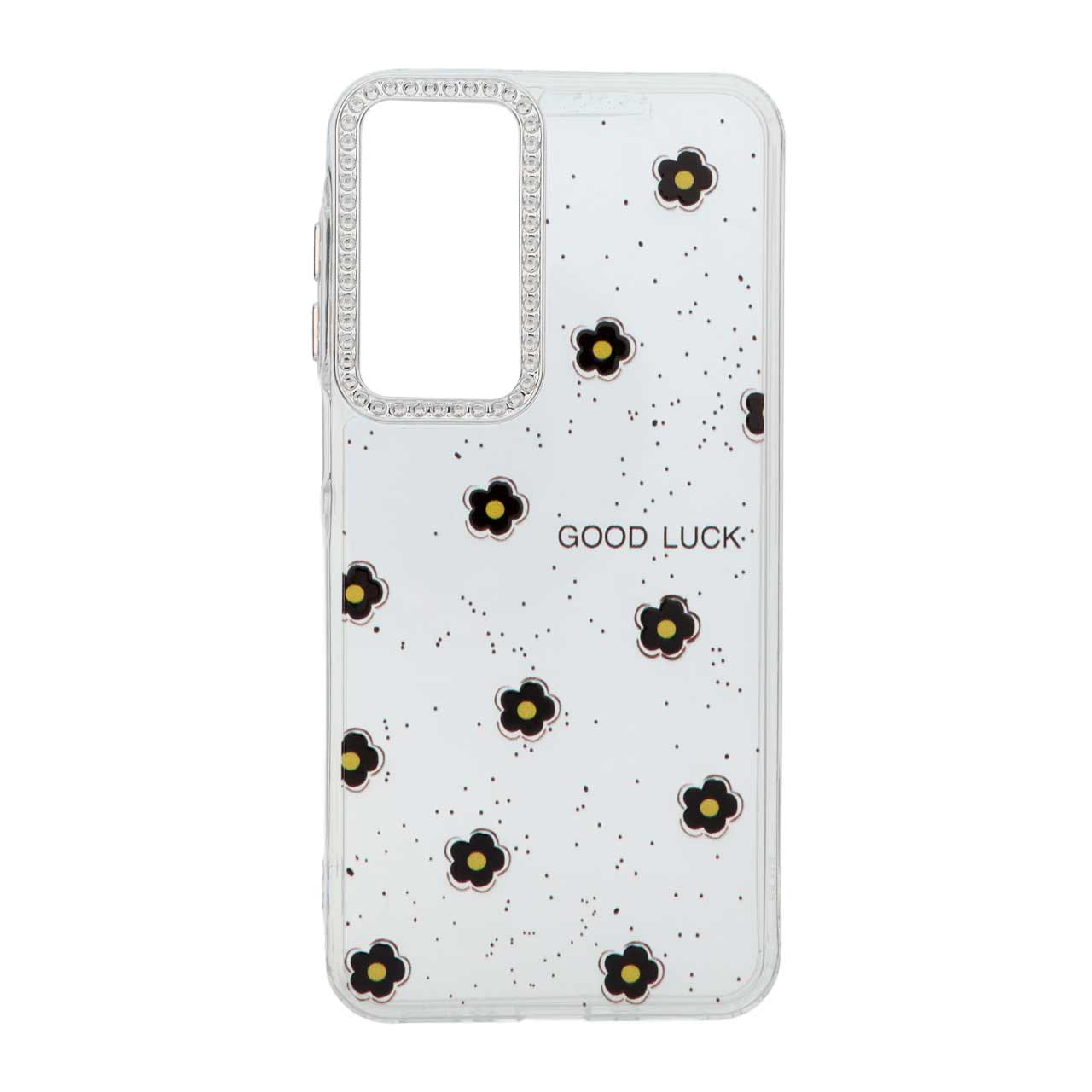 قاب طرح گل و نوشته Good Luck ژله ای شفاف با محافظ لنز کروم (نگین دار) مناسب برای سامسونگ گلکسی A16