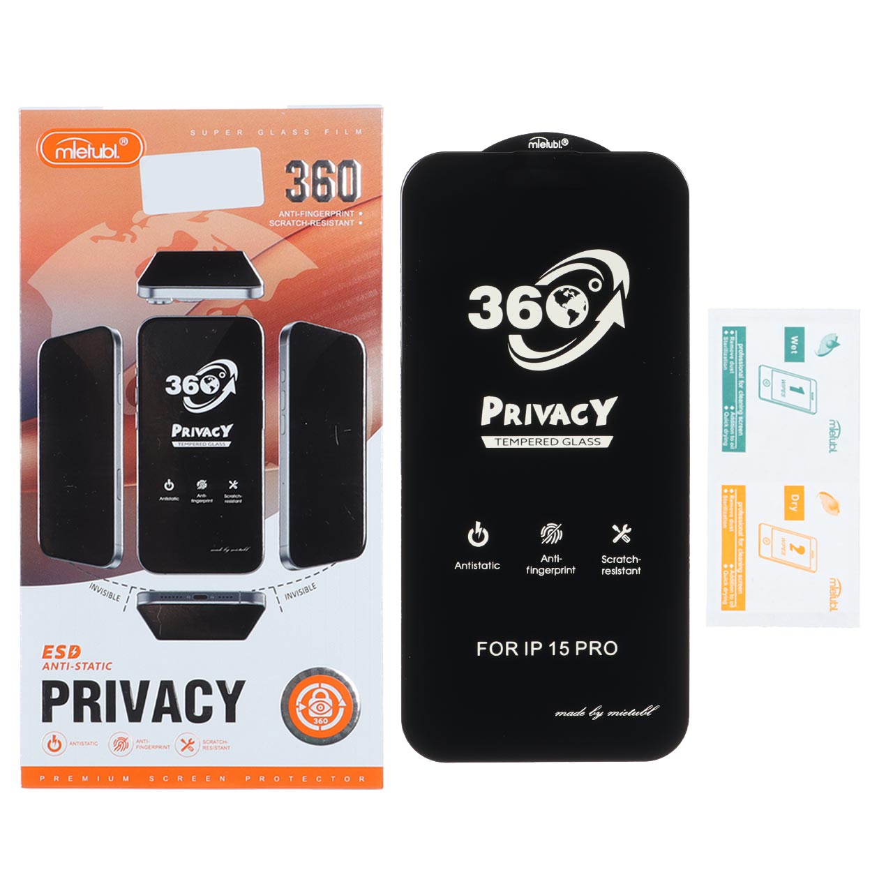 محافظ صفحه نمایش شیشه ای Mietubl 360 Privacy فول کاور مناسب برای آیفون 15 پرو