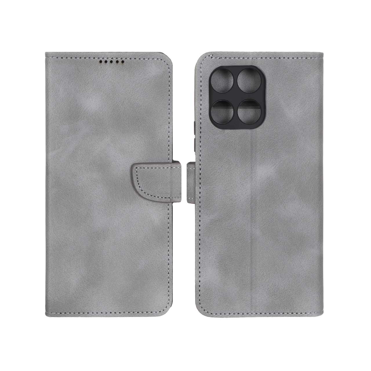 کیف چرمی مگنتی محافظ لنزدار مناسب برای گوشی هانر Honor X5b و Honor X5b Plus - خاکستری