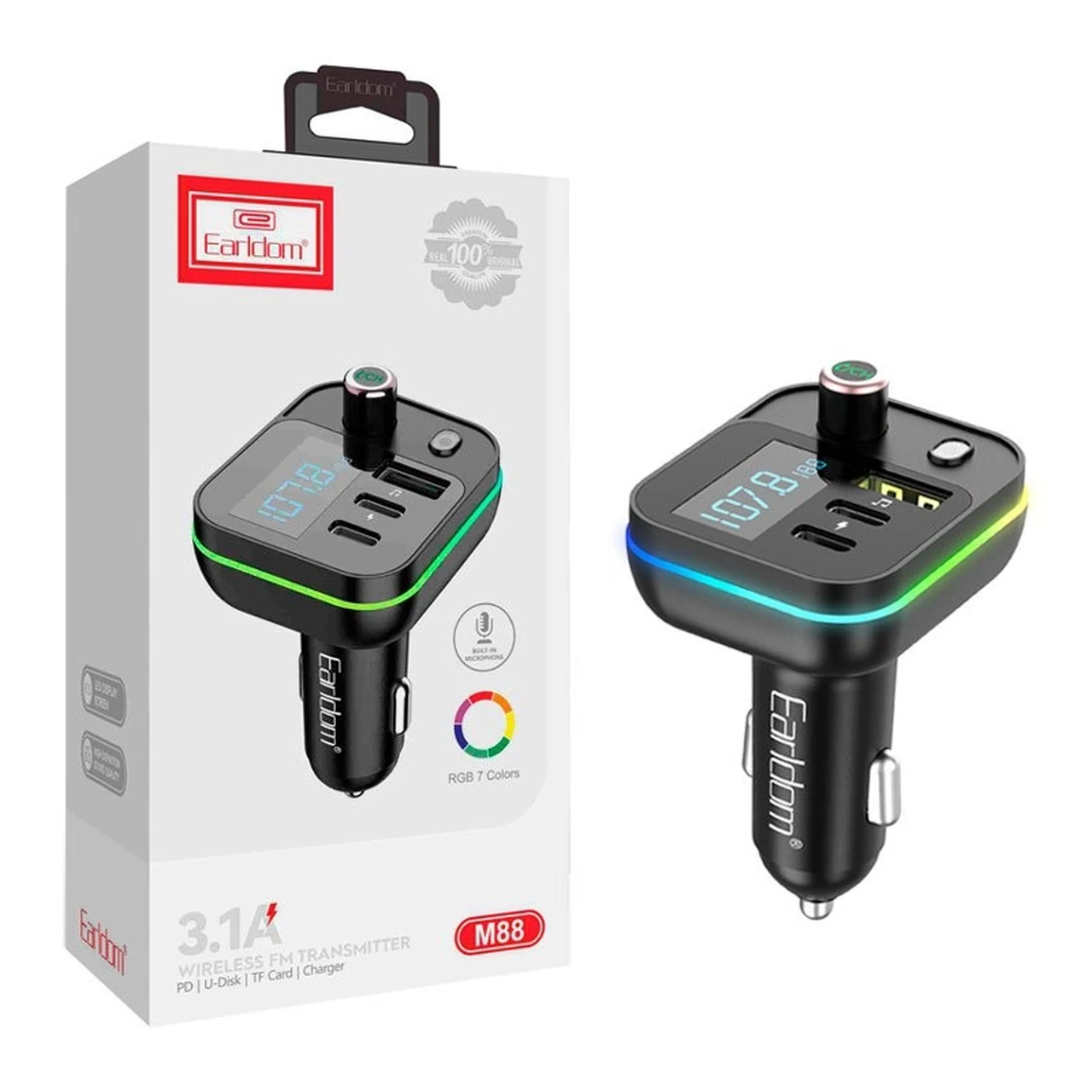 شارژر فندکی Earldom FM مدل ET-M88 با قابلیت PD، فست شارژ، سه پورت و گیرنده بلوتوثی - مشکی