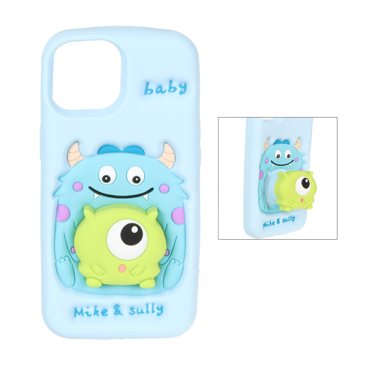 قاب طرح Mike & Sully سیلیکونی استندشو آبی مناسب برای آیفون ۱۵، آیفون ۱۴ و آیفون ۱۳
